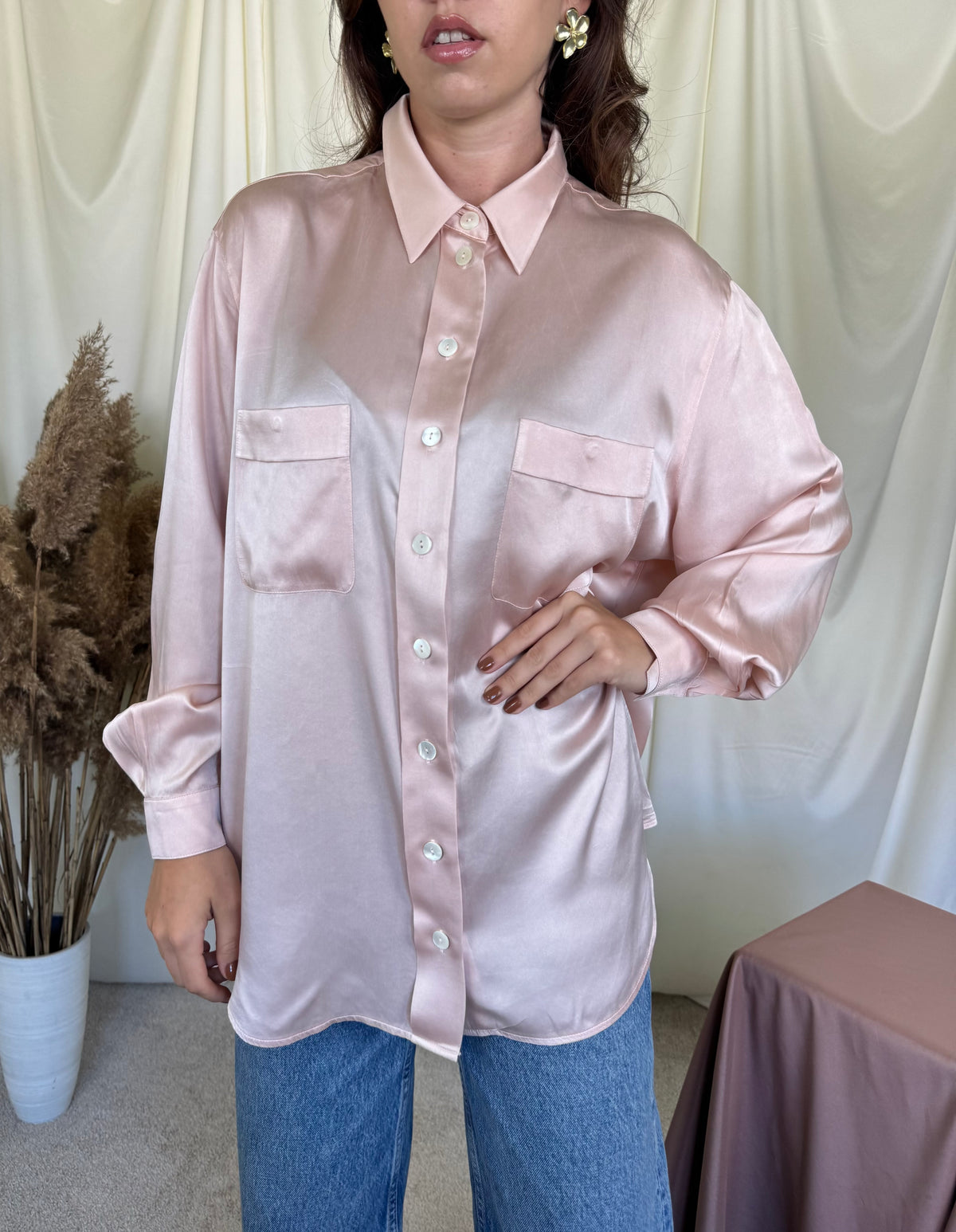 Cămașă vintage BASLER din 100% mătase naturala, baby pink ( mărimea XL)