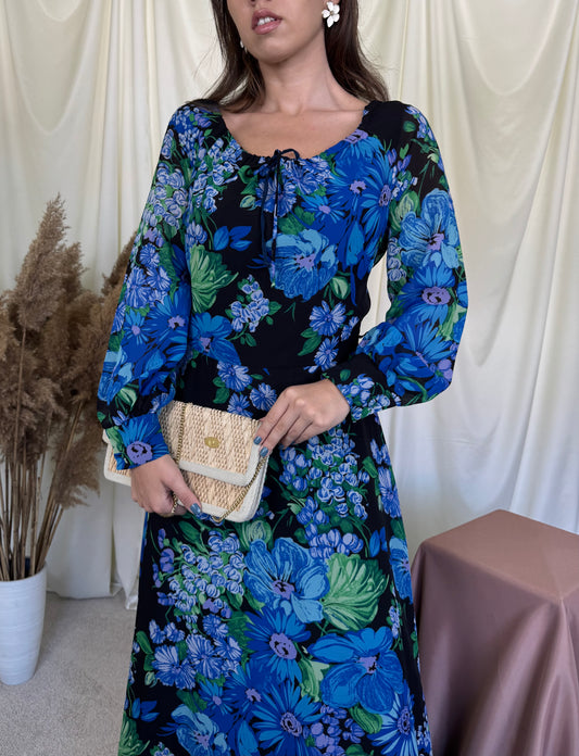 Rochie vintage cu print floral albastru și lungime maxi ( mărimea 40/M-L)