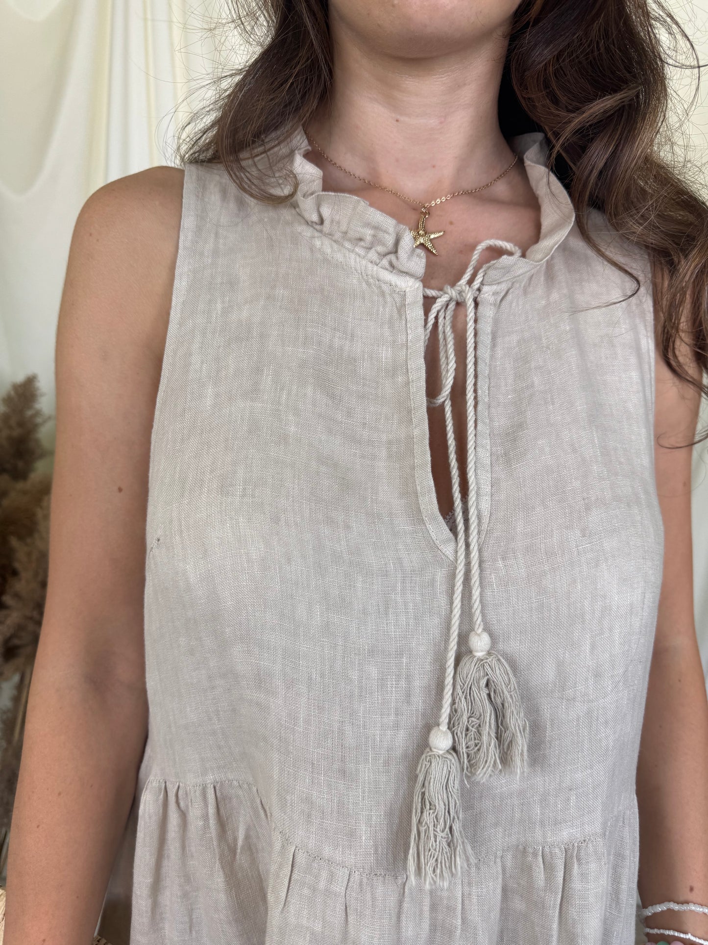 Rochie de vară din 100% in, croi amplu și lejer, bej- crem ( mărimea S- L)