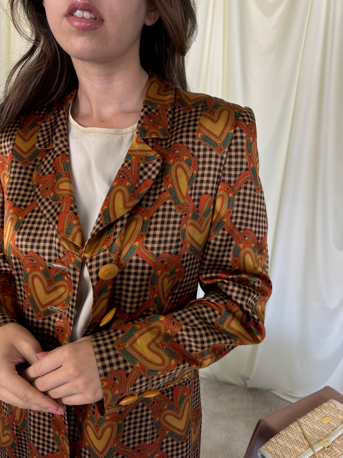 Sacou -jachetă vintage premium RENZO din 100% mătase cu print superb și nasturi masivi ( mărimea L)
