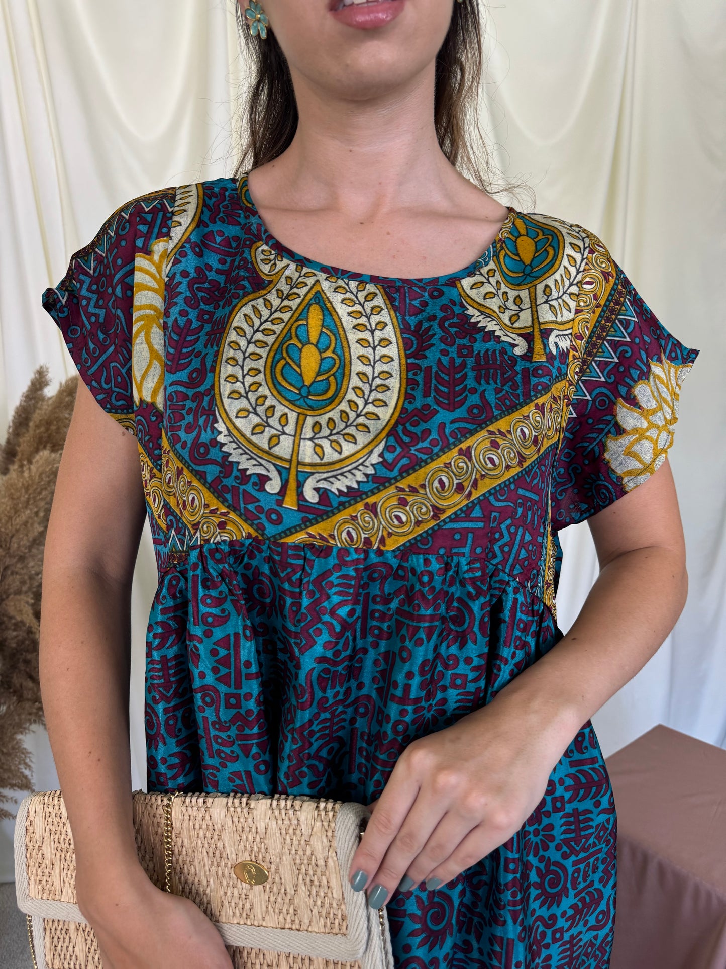 Bluză din 100% mătase naturela în stil indian, croi amplu ( marime universală -100 bust)