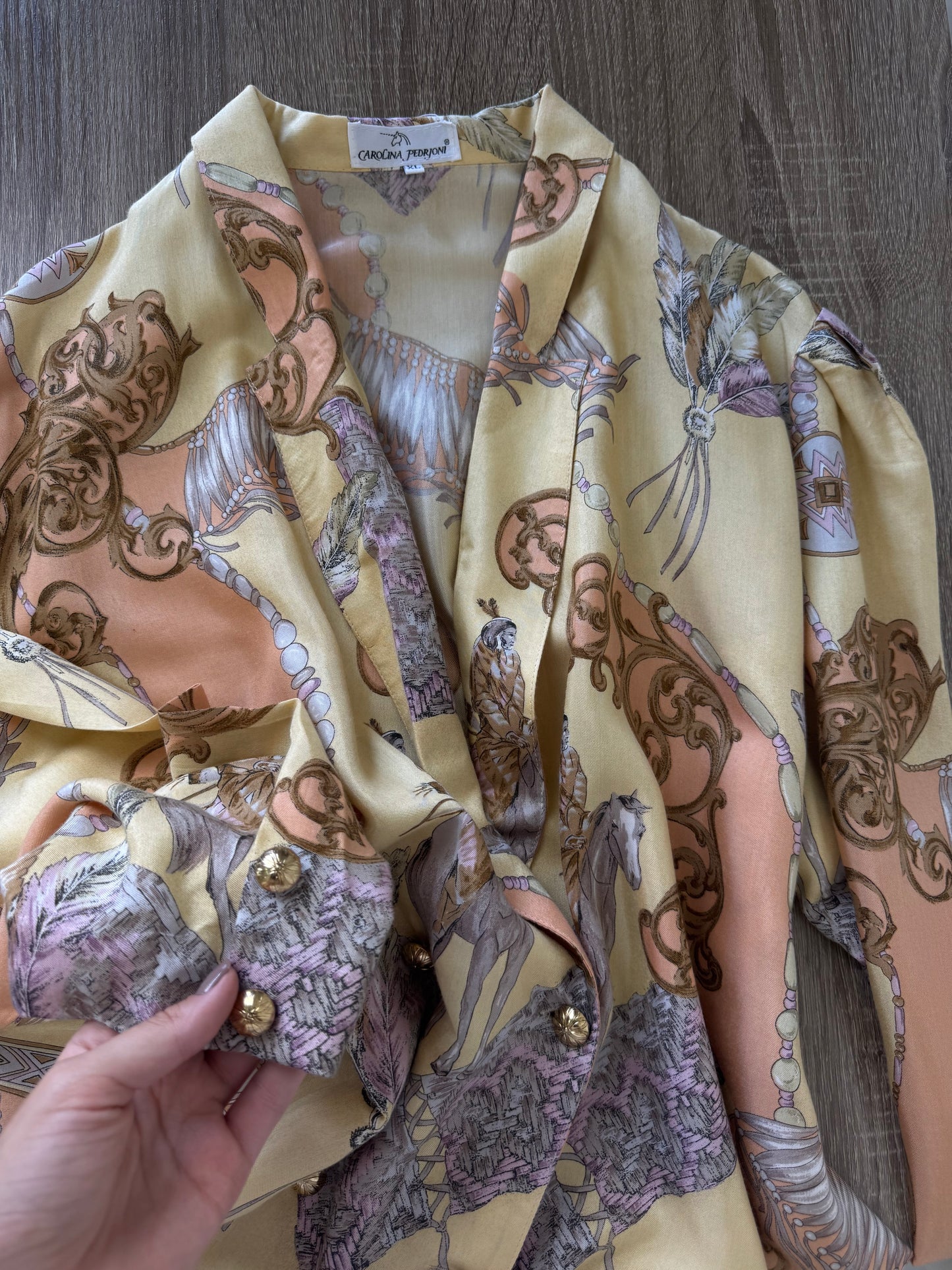 Sacou - cămașă vintage cu print ecvestru și nasturi aurii( mărimea XL)