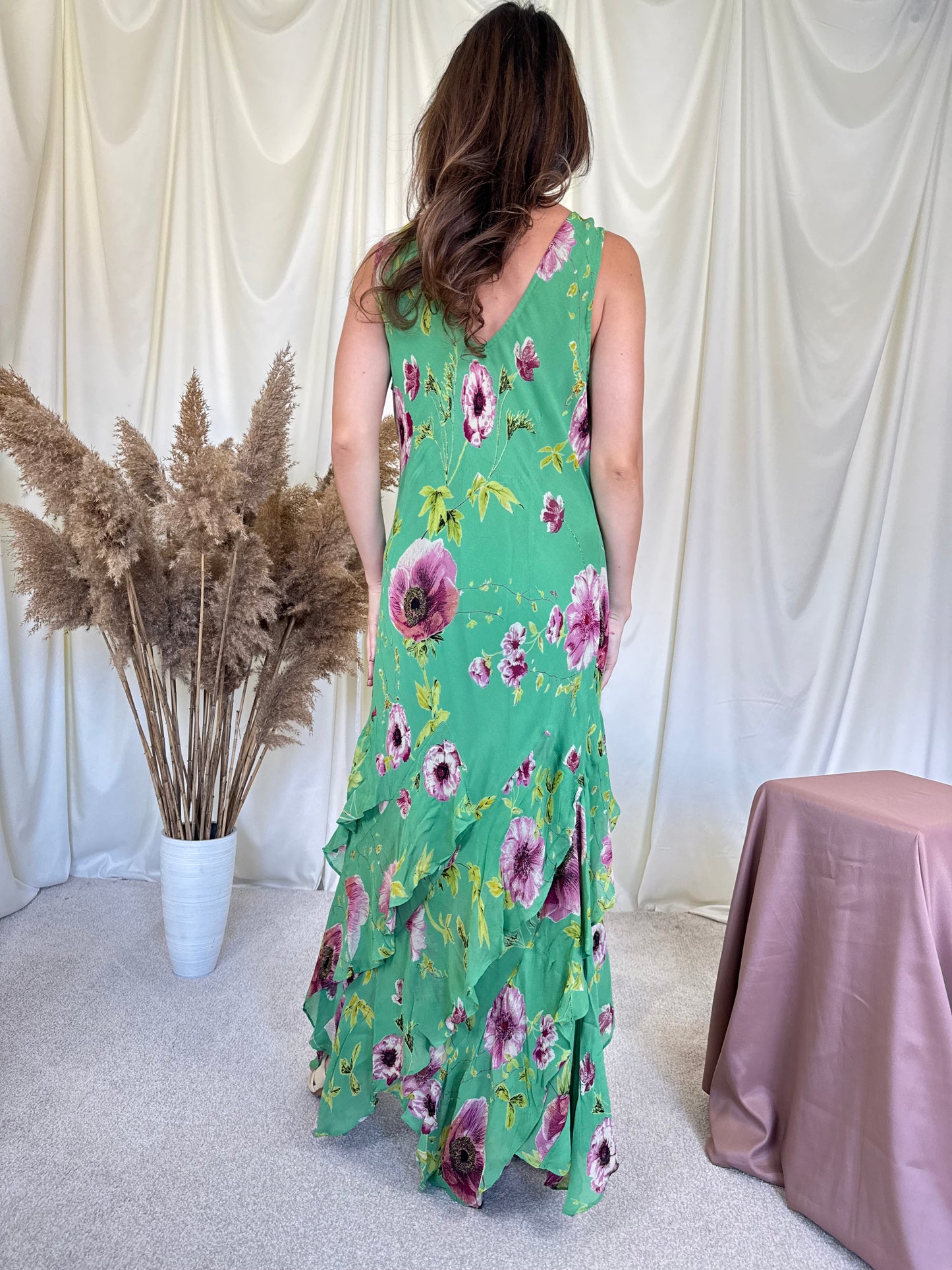 Rochie vintage cu print floral și aplicații de mărgele și paiete super finute 
(Mărimea L)