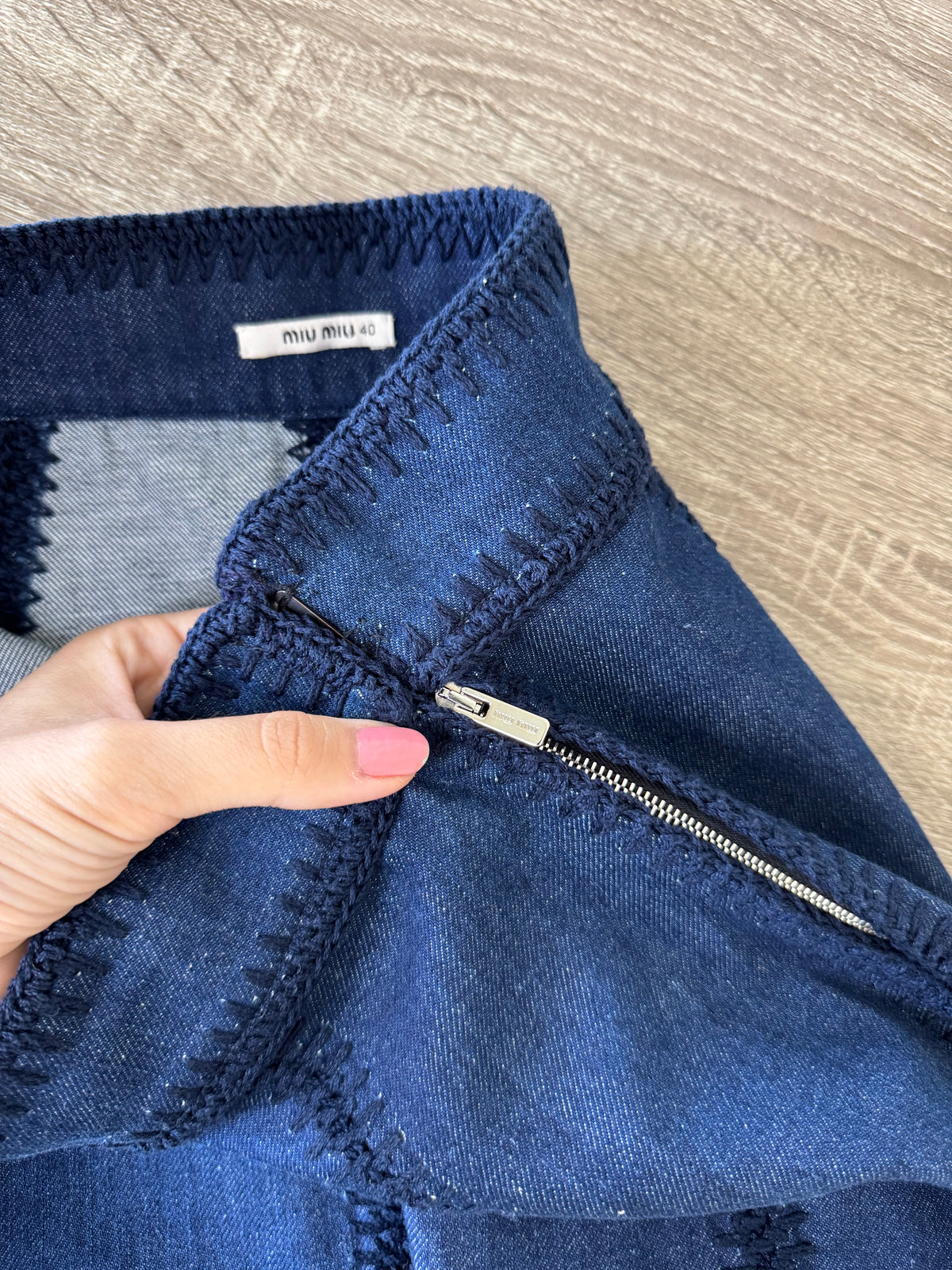 Fusta brand luxury MIU MIU din denim de bumbac cu talie înaltă ( mărimea S-S/M)