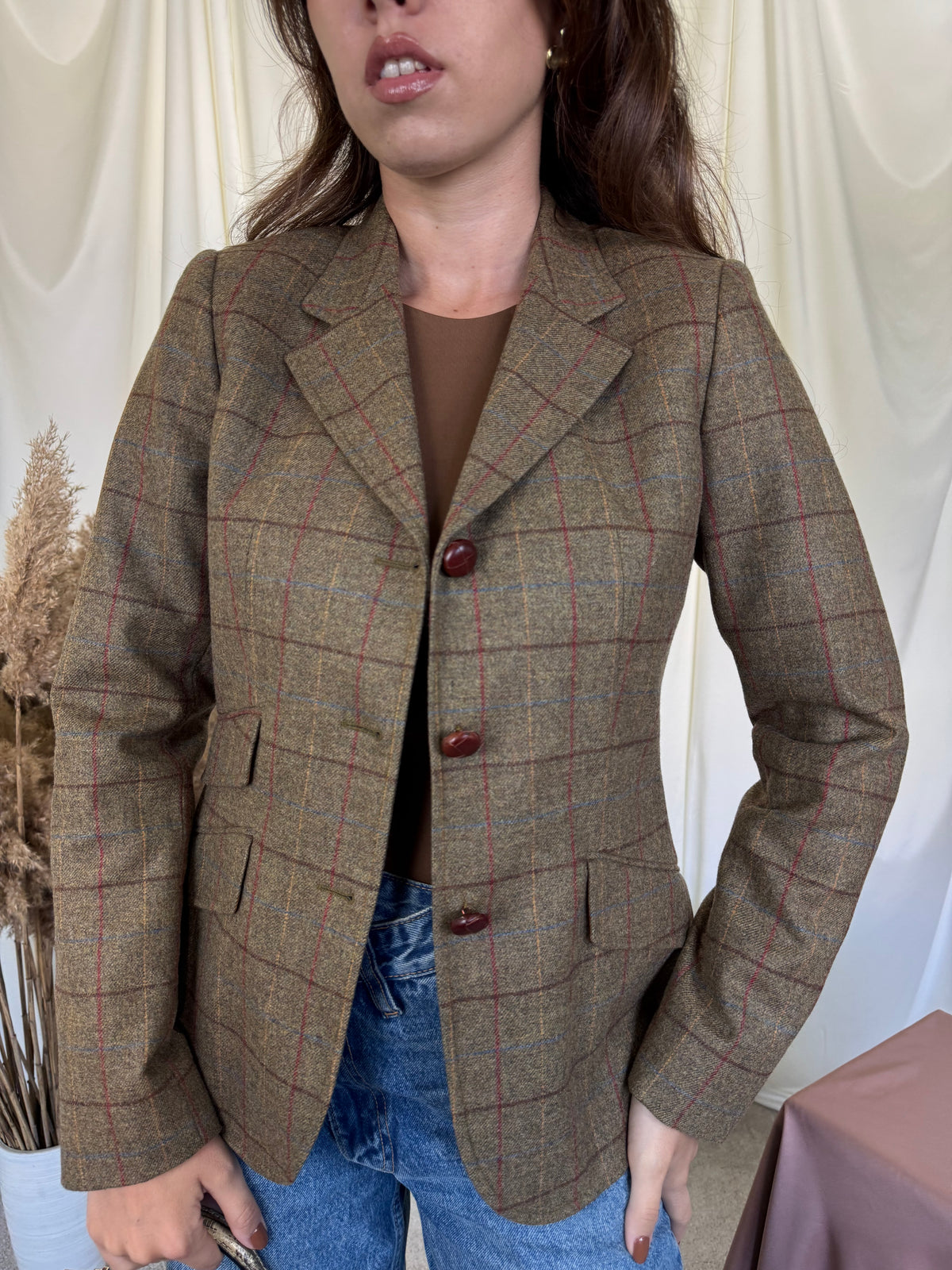 Sacou vintage cu print din lână și cașmir, talie cambrata, condiție excelentă ( mărimea XS/S)