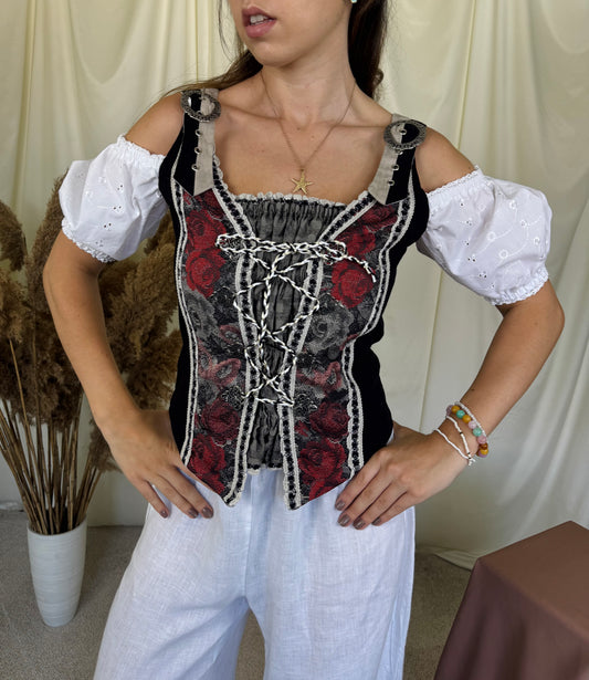 Back! Top negru vintage cu print floral din in și mâneci din bumbac, detalii metalice ( mărimea S/M)