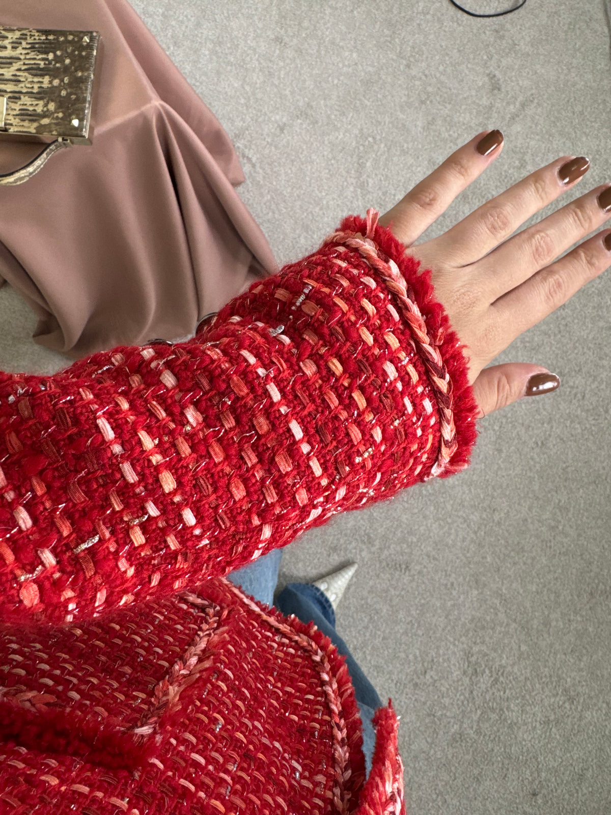 Sacou vintage din tweed roșu de 70% bumbac ( mărimea M)