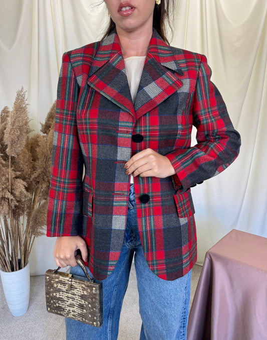 Sacou vintage superbisim din 100% lana, print carouri ( mărimea M)