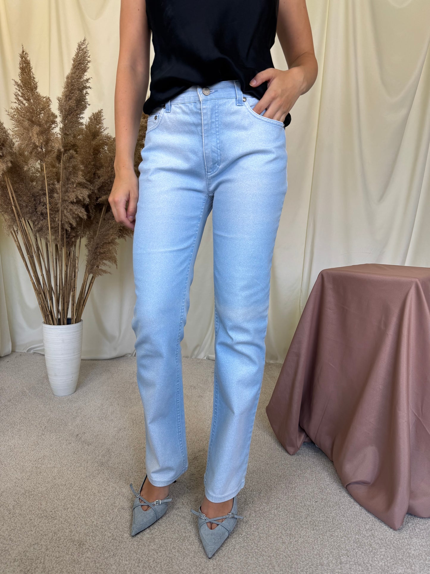 Jeans Roberto Cavalli cu print baby blue, talie medie 
(Mărimea xs/s)