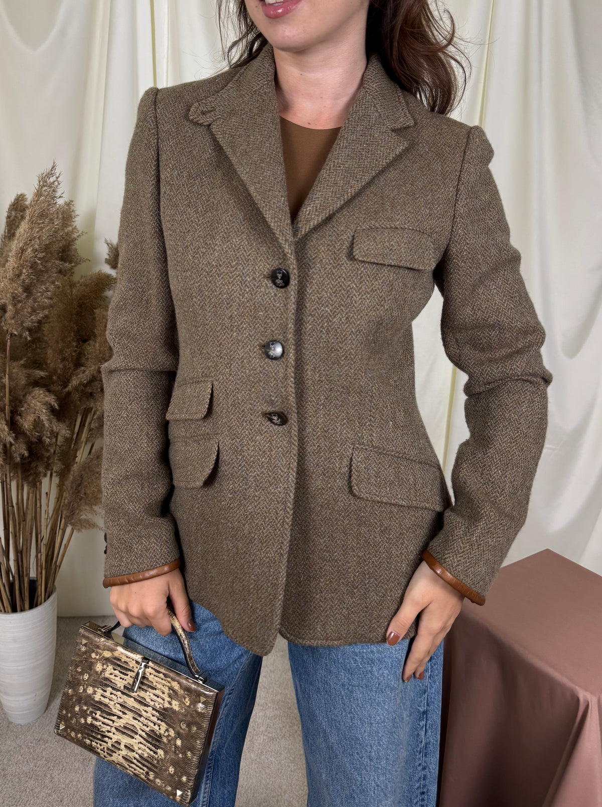 Sacou premium RALPH LAUREN din 100% lână cu detalii din piele naturală ( mărimea S/M)