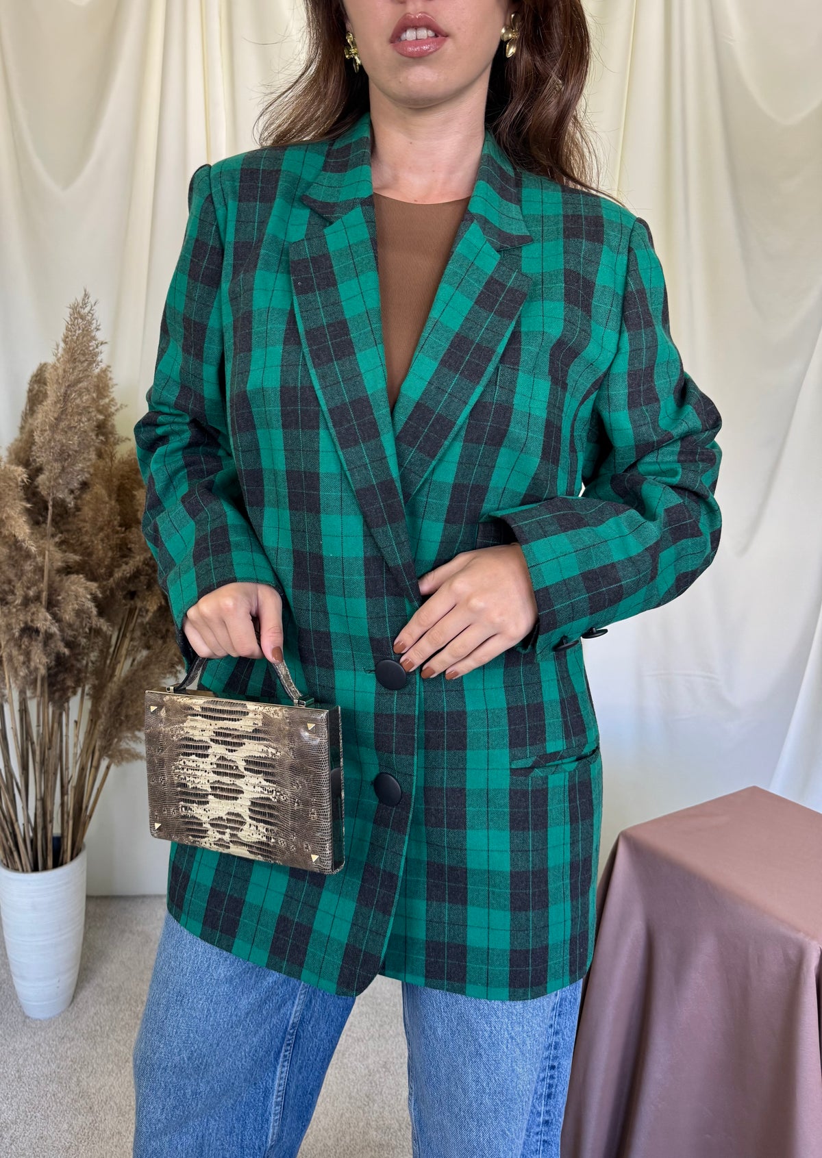 Sacou vintage din 100% lână cu print verde tartan, mai lung( mărimea L/XL)