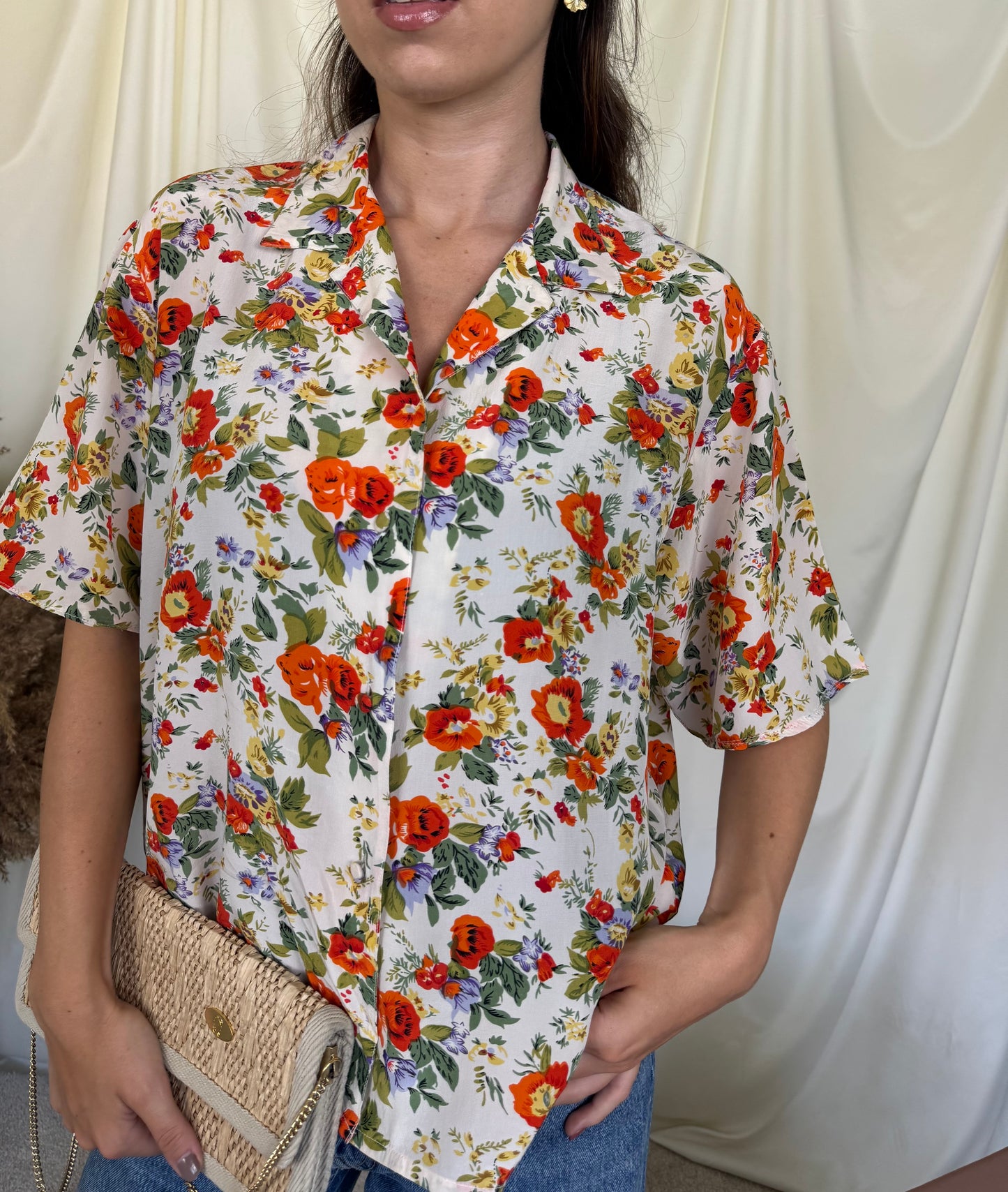 Cămașă vintage din 100% mătase naturală cu print floral, Alta Moda 
(Mărimea M/L)