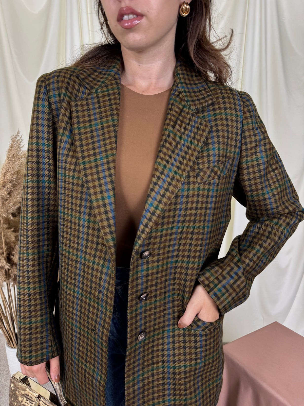 Sacou vintage din 100% lână fină în carouri verzi ( mărimea M)