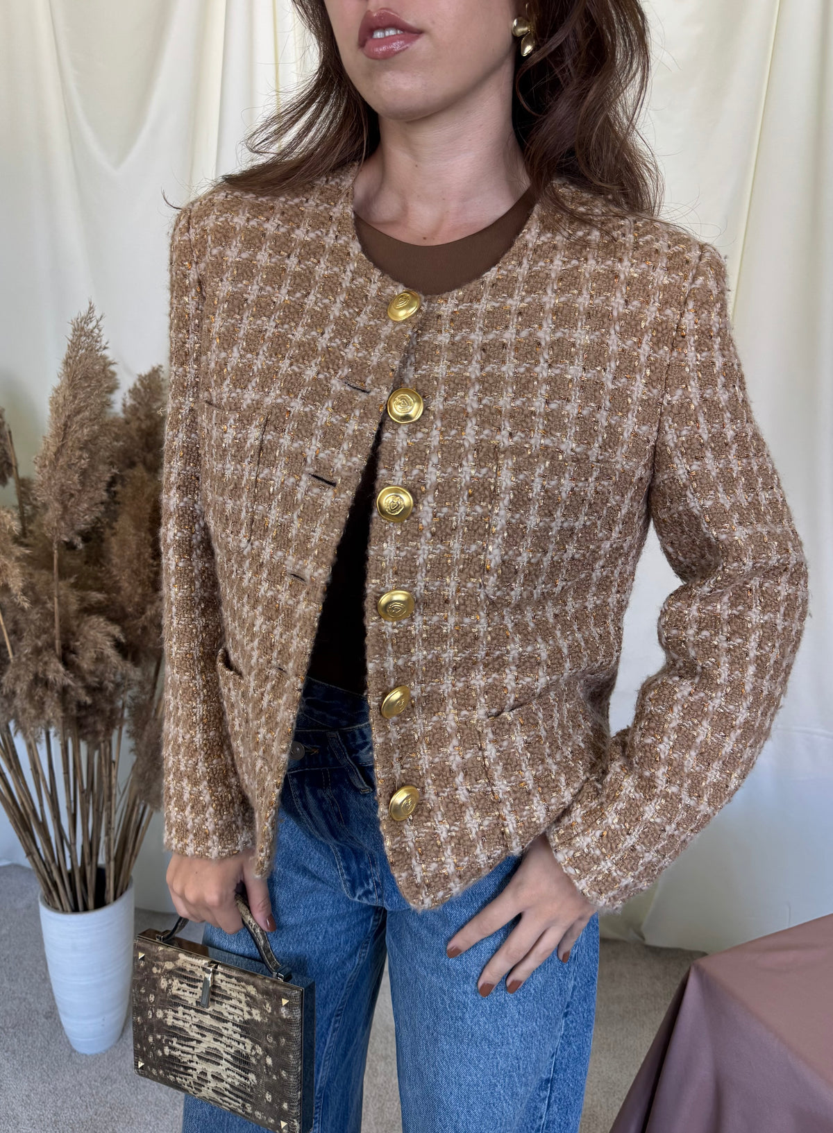 Sacou vintage tip jachetă din tweed de 76% lână, nasturi metalici tip bijuterie ( mărimea M/L)
