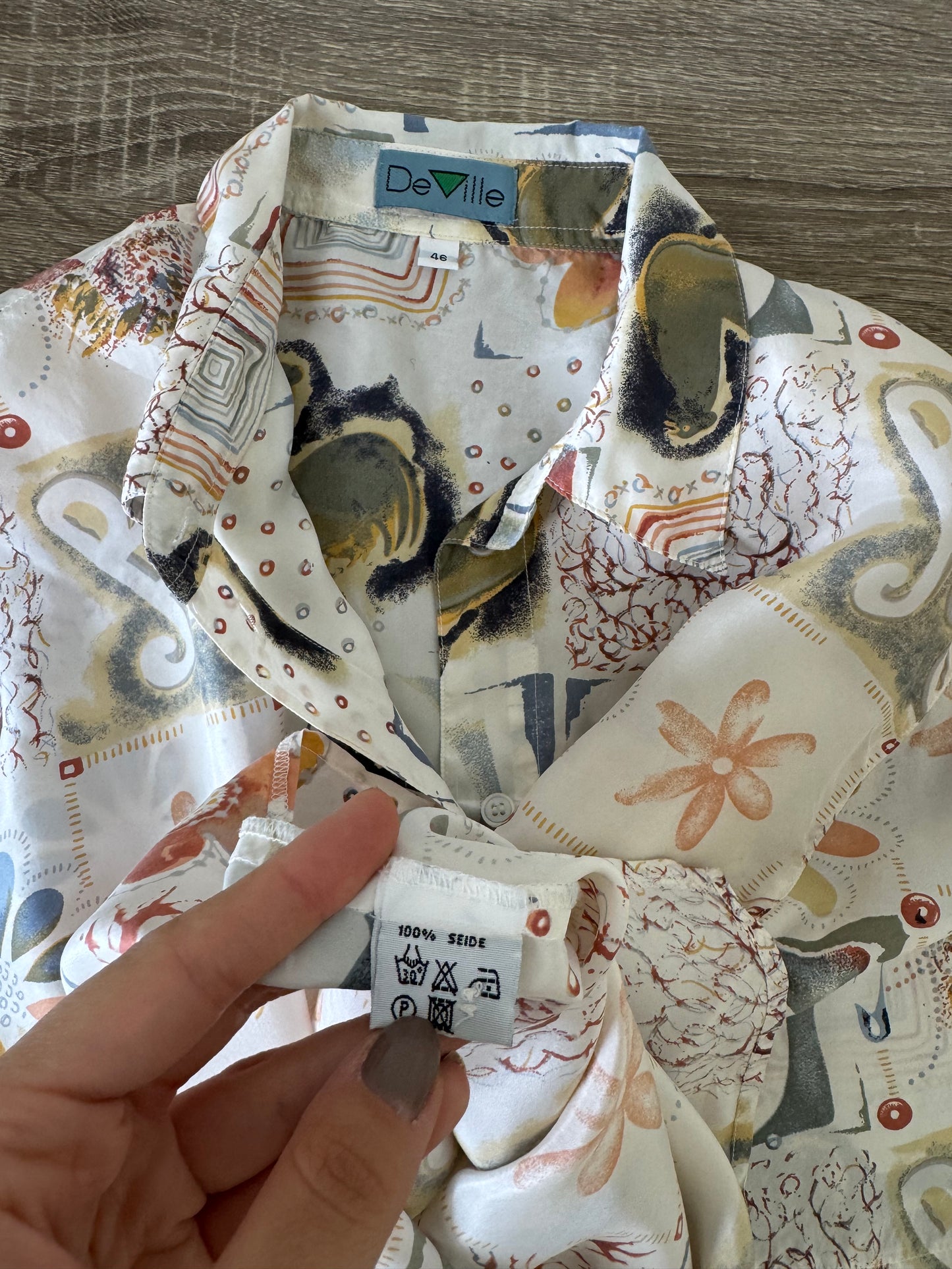 Cămașă vintage cu print din 100% mătase naturală ( mărimea XL-XXL)