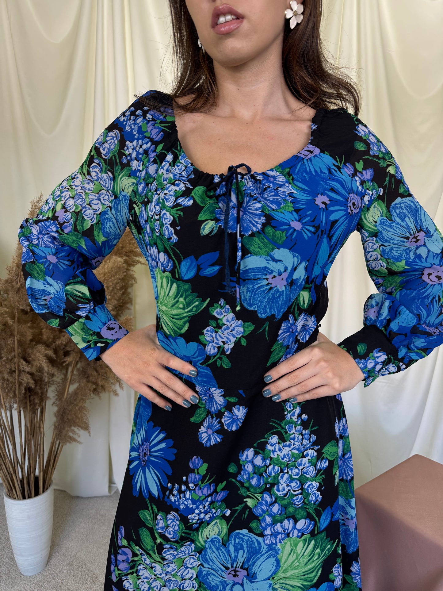 Rochie vintage cu print floral albastru și lungime maxi ( mărimea 40/M-L)