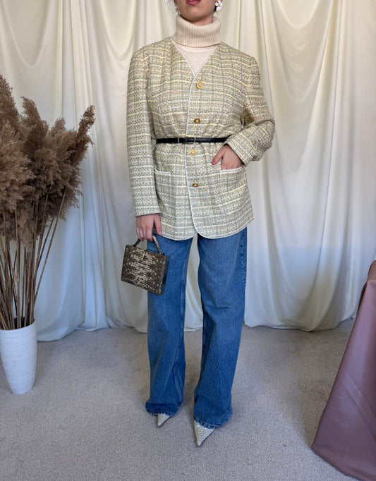 Jacheta/ sacou vintage superb din tweed cu nasturi tip bijuterie, mărimea L ( imbracat pe S)