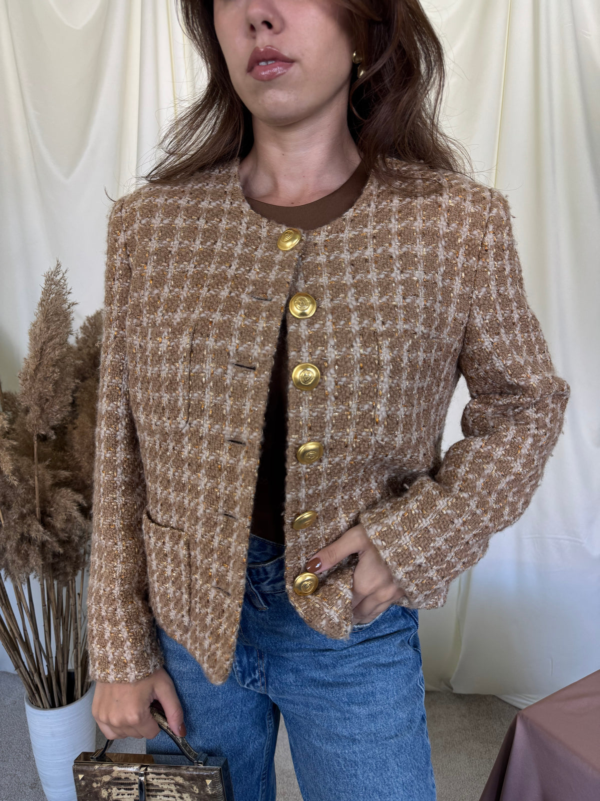 Sacou vintage tip jachetă din tweed de 76% lână, nasturi metalici tip bijuterie ( mărimea M/L)