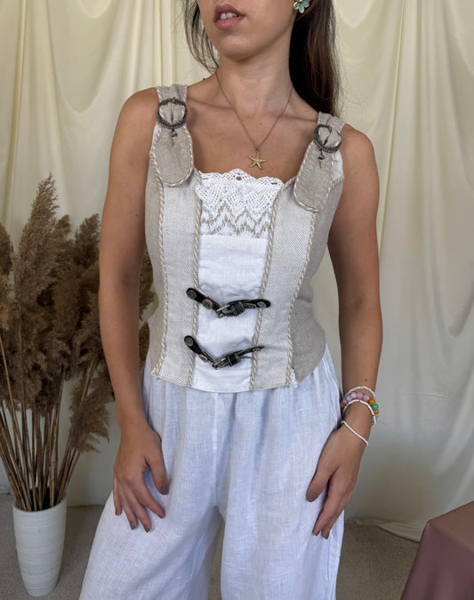 Top vintage tip corset cu talie marcata din in și bumbac cu detalii metalice ( mărimea M/40)