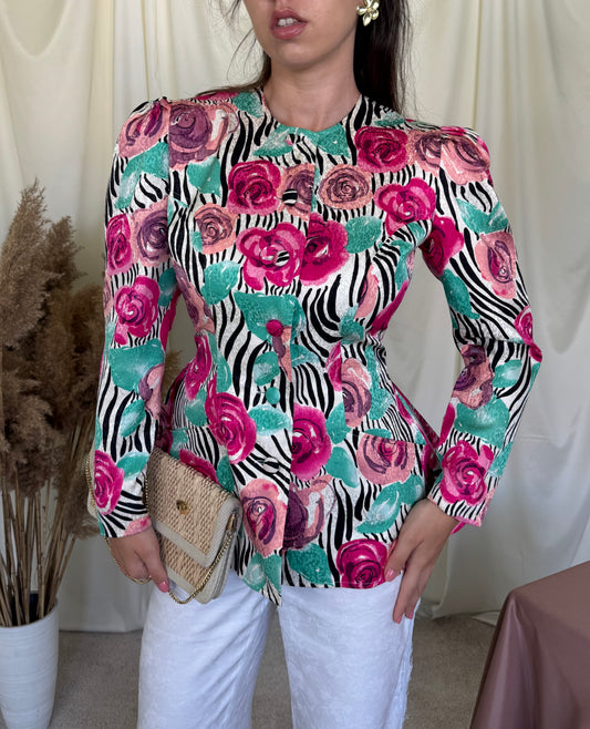 Sacou vintage spectaculos din 100% mătase cu print și talie super marcata ( mărimea S)