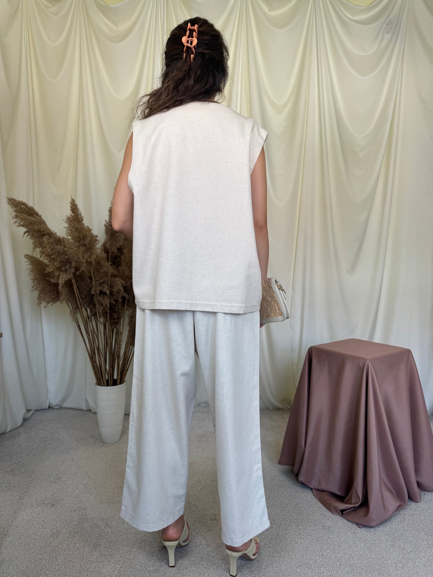 Set de vară : vestă + pantalon cu talie înaltă din vascoza și bumbac  ( mărimea L/XL ) -84 talie