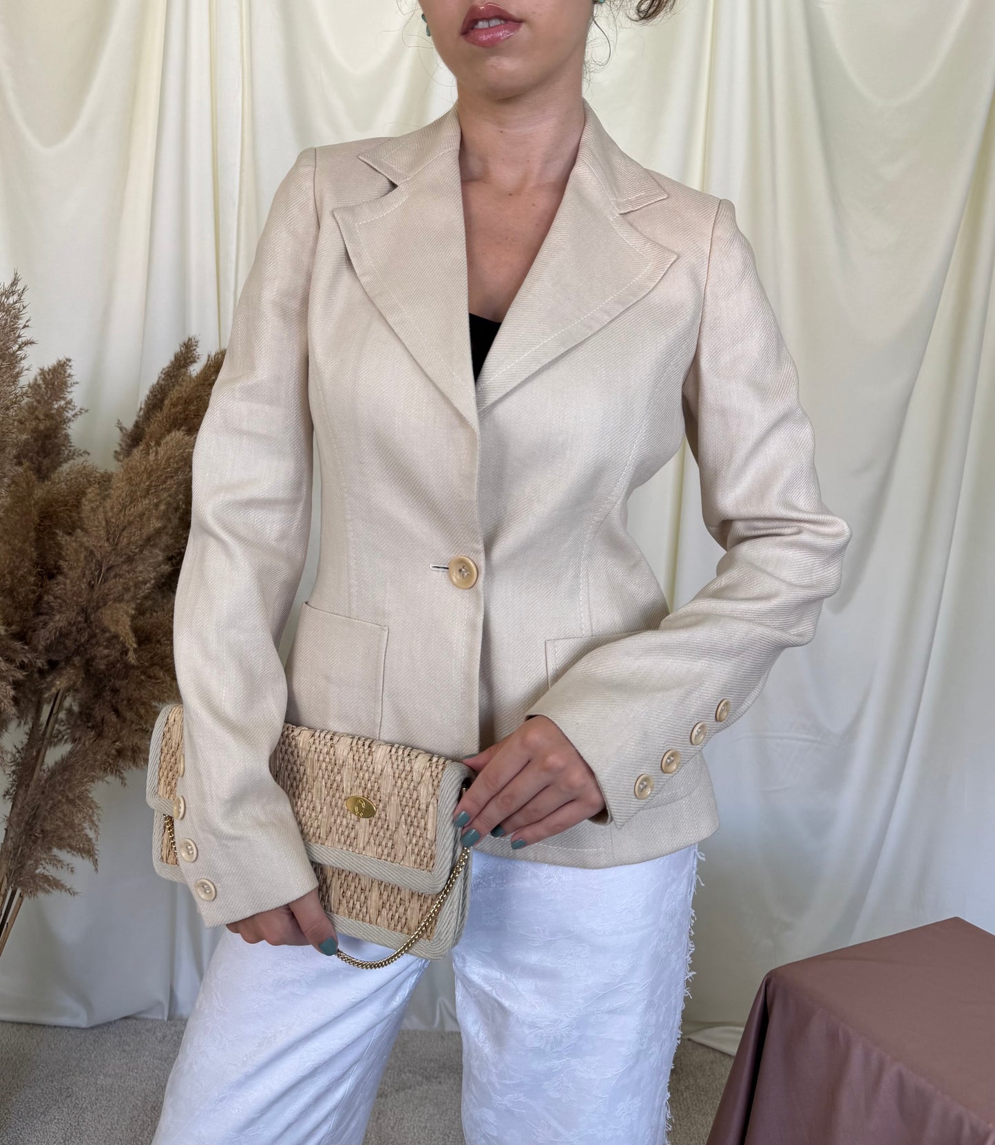 Sacou luxury VALENTINO de vară din cânepă, in și bumbac cu nasturi inscripționați ( mărimea S)