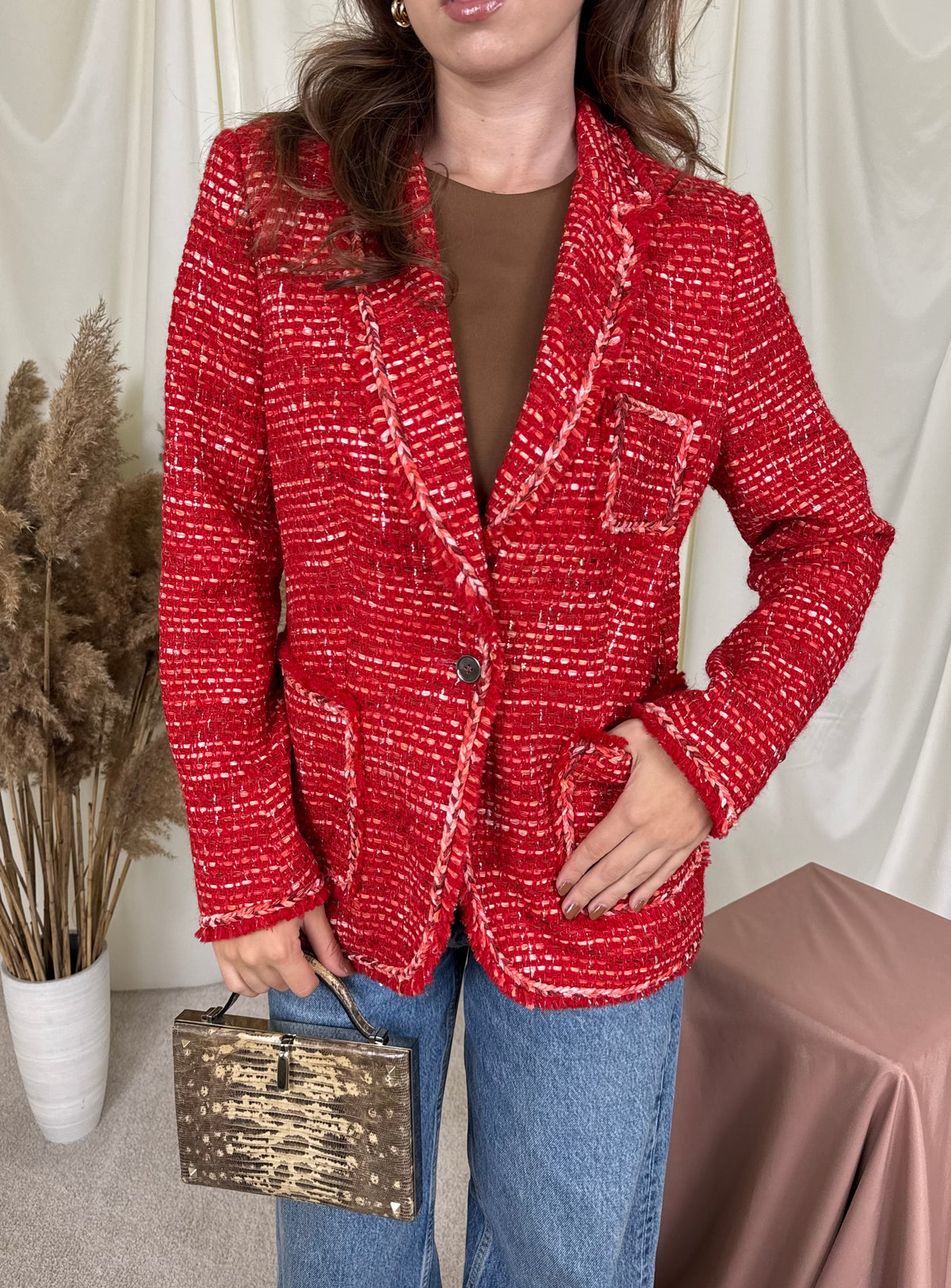 Sacou vintage din tweed roșu de 70% bumbac ( mărimea M)