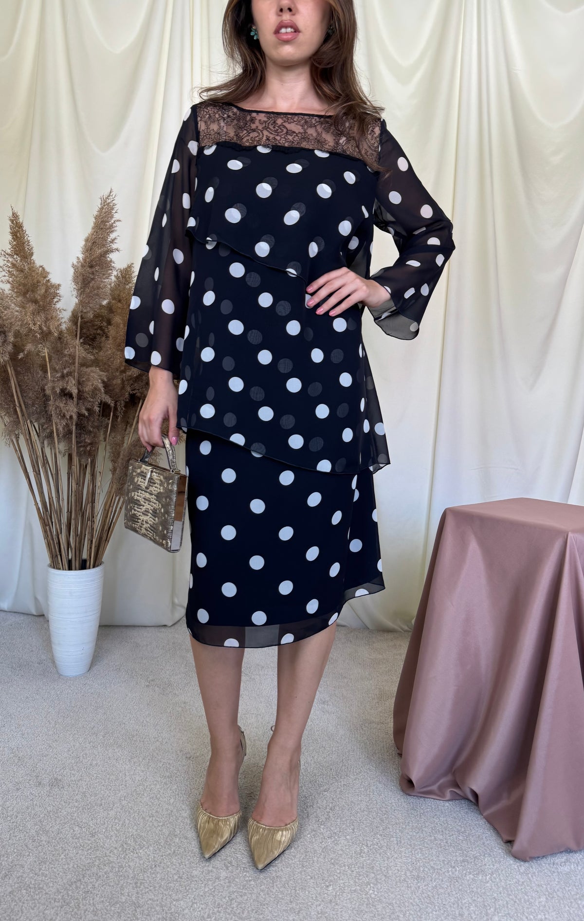 Rochie luxury spectaculoasă MARINA RINALDI din 100% mătase naturală cu print buline si detalii din dantelă ( mărimea L)