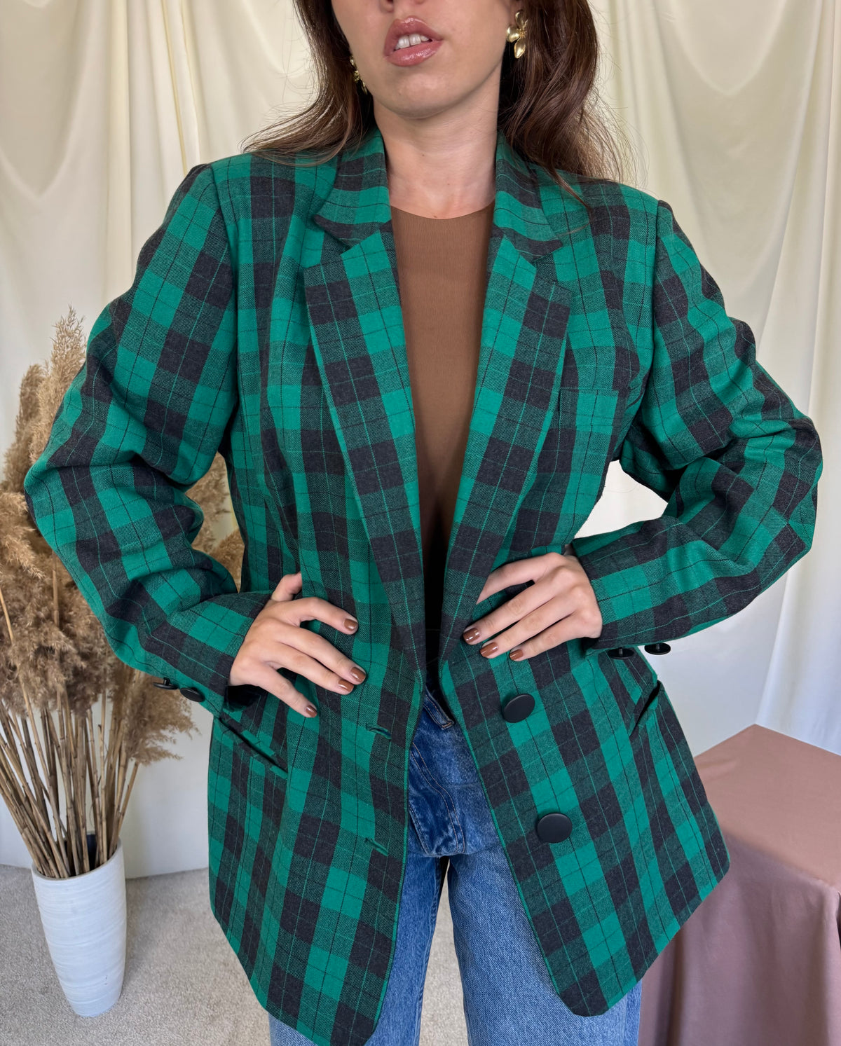 Sacou vintage din 100% lână cu print verde tartan, mai lung( mărimea L/XL)