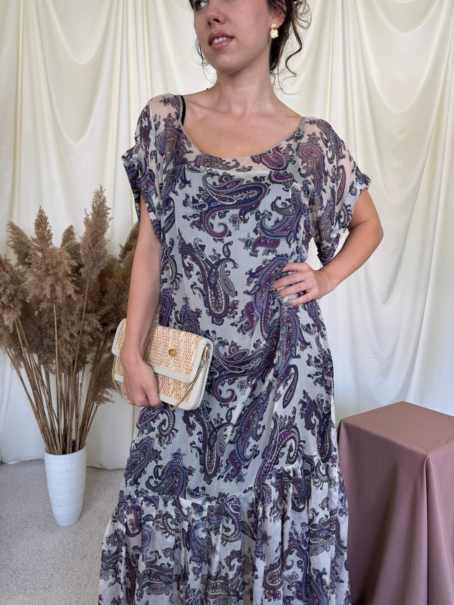 Rochie de vară din 100% mătase naturală cu print floral și lungime maxi ( mărimea L-XL)