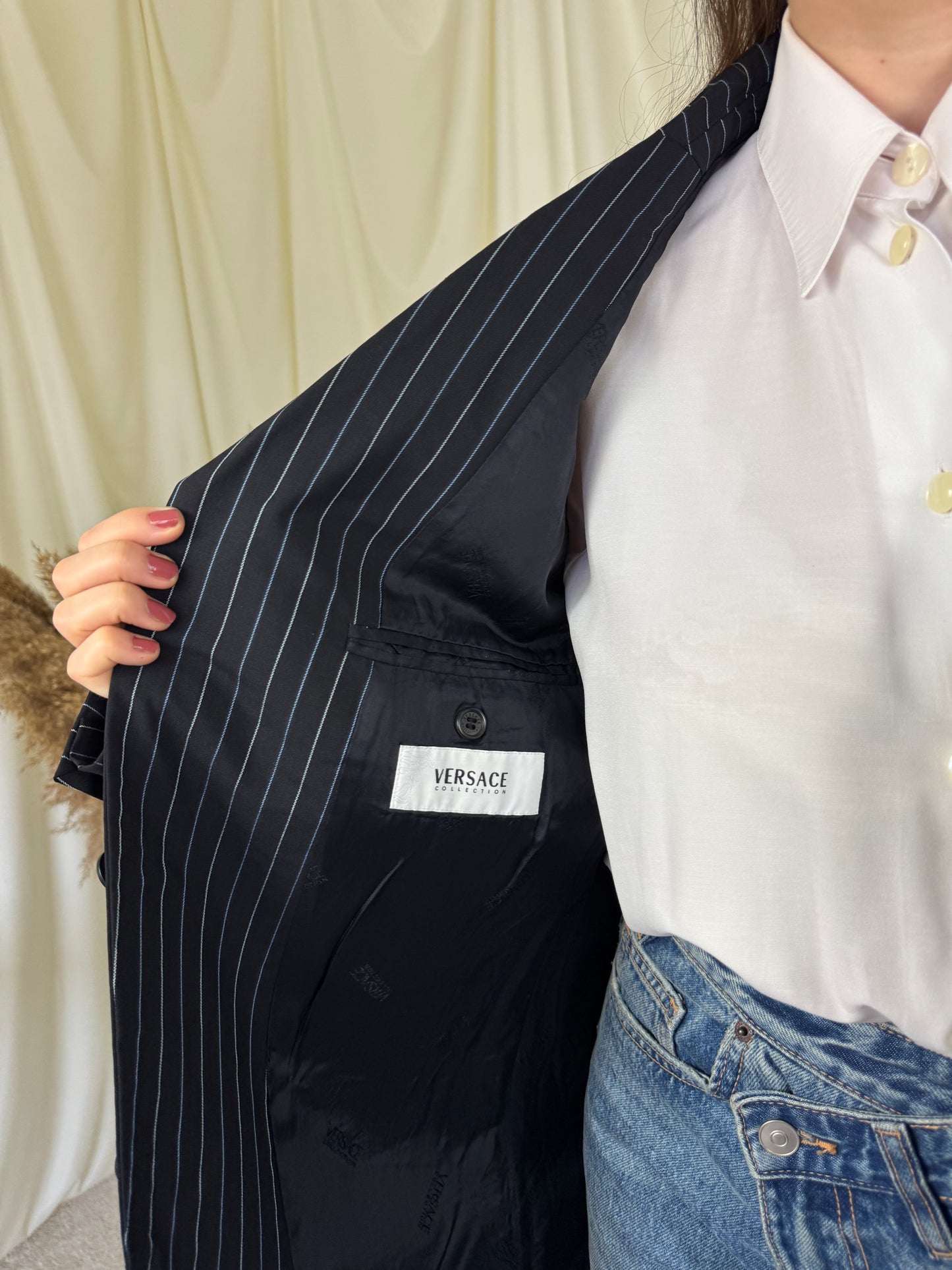 Sacou vintage VERSACE din stofă fină de lână cu print dungi fine(mărimea L)