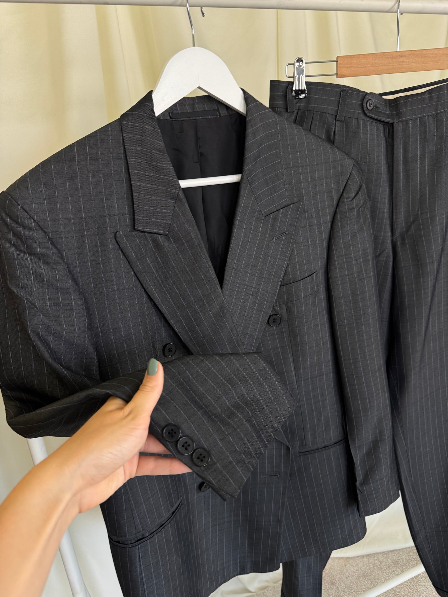 Costum vintage elegant din stofă de vară: vascoza, acetat și mătase naturală, pantalon cu talie înaltă  (Mărimea M)