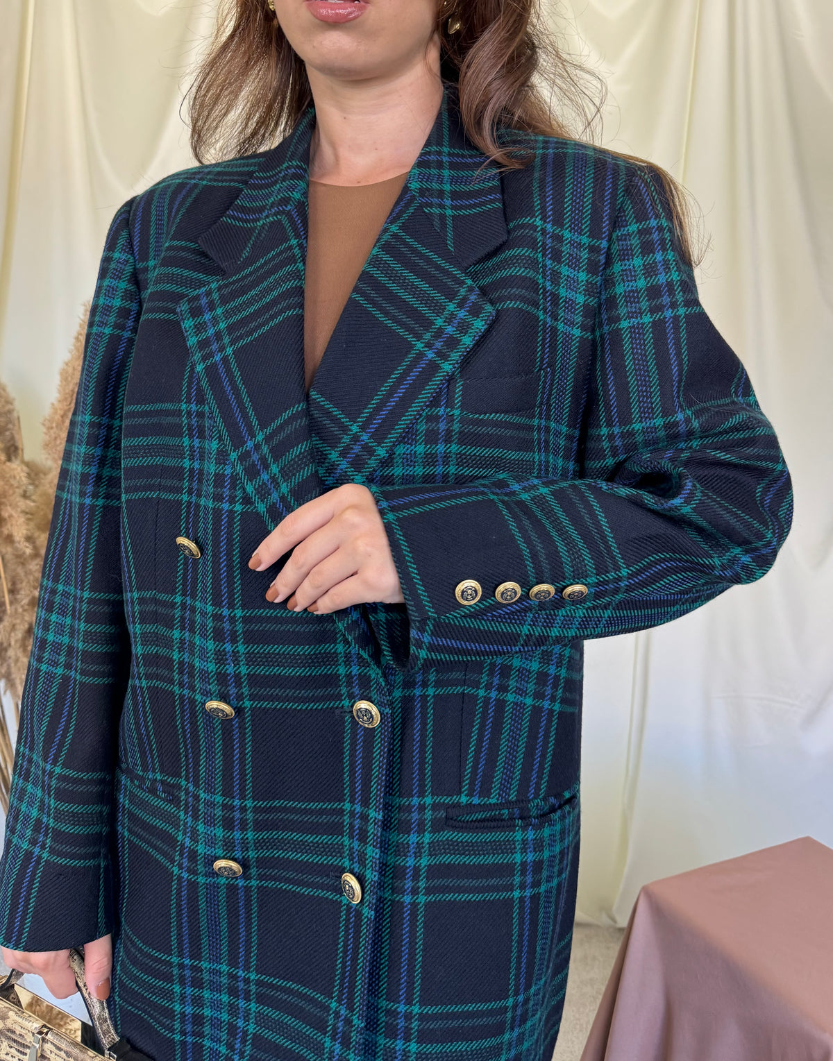 Sacou vintage DELMOD din stofă premium 100% lana cu print tartan și nasturi bijuterie ( mărimea L/XL)