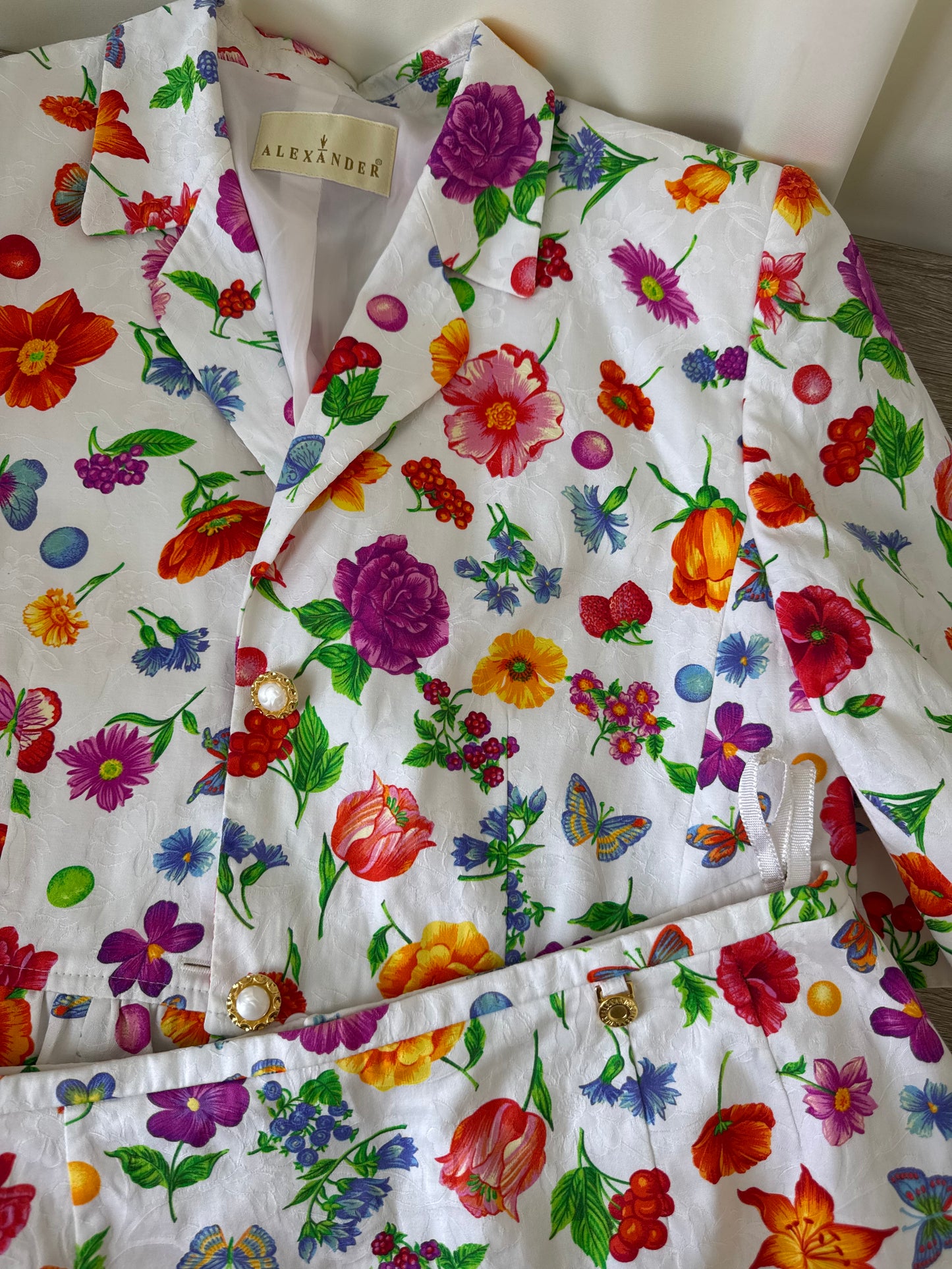 Costum vintage Alexander din bumbac cu print floral superb cu nasturi bij, sacou + fusta( mărimea M-L)