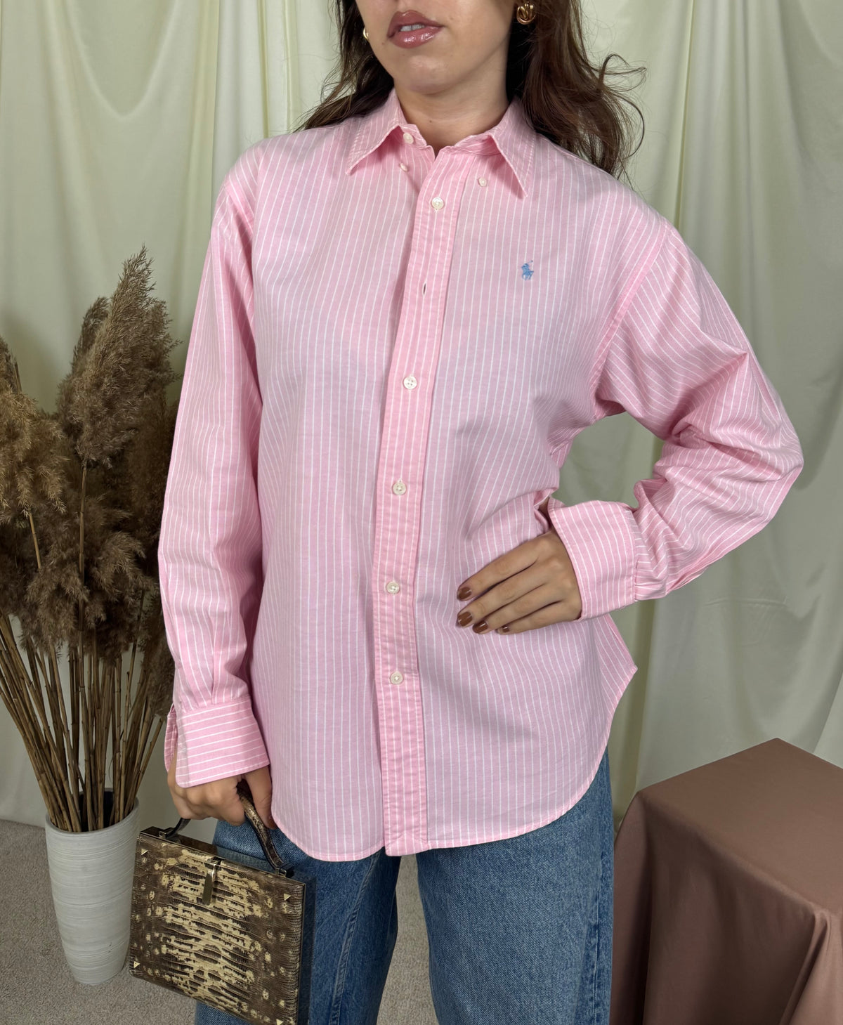Cămașă RALPH LAUREN din 100% bumbac plin, print in dungi baby pink ( mărimea M/L)