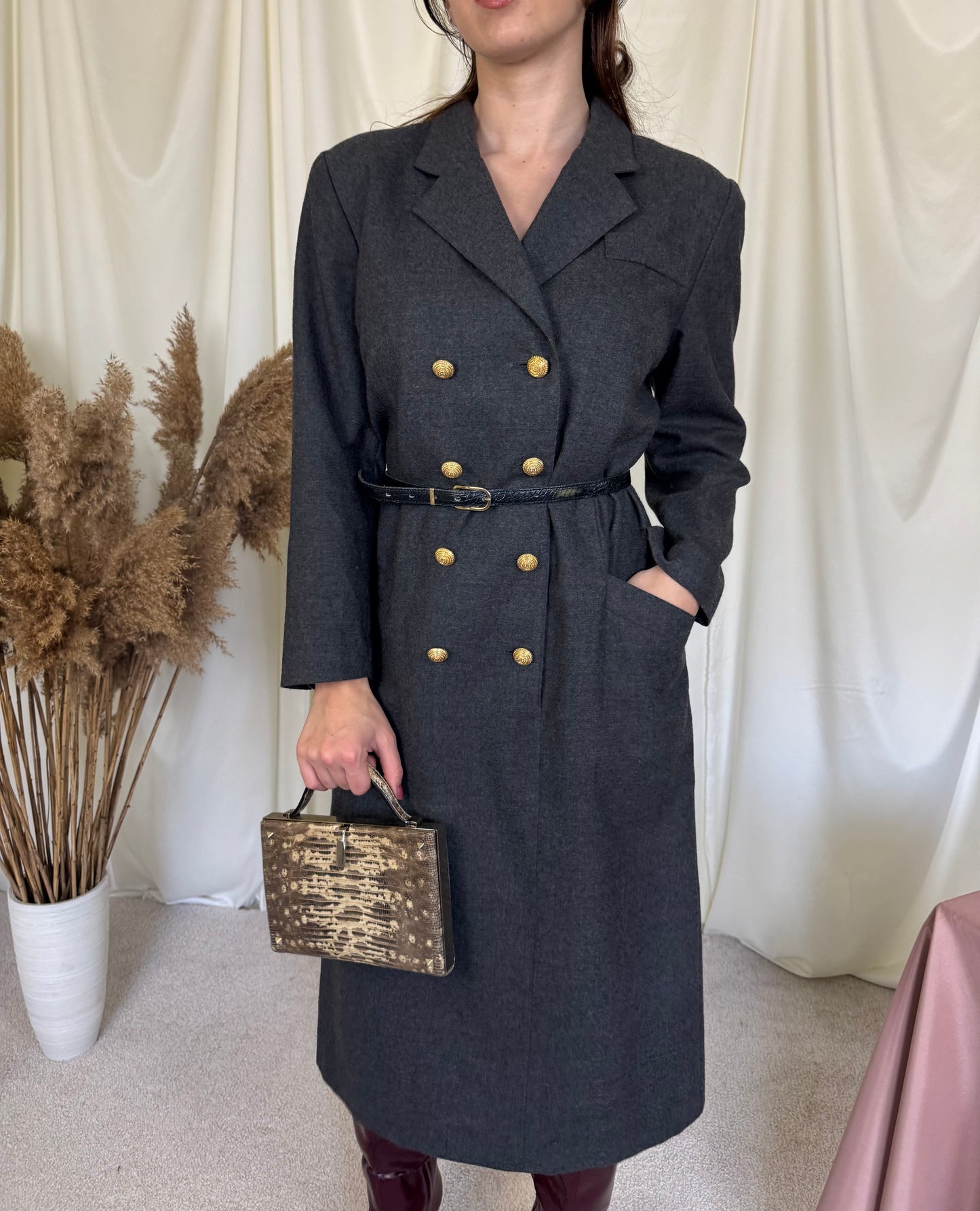 Rochie din stofă de lână, nasturi aurii metalici, Mărimea L