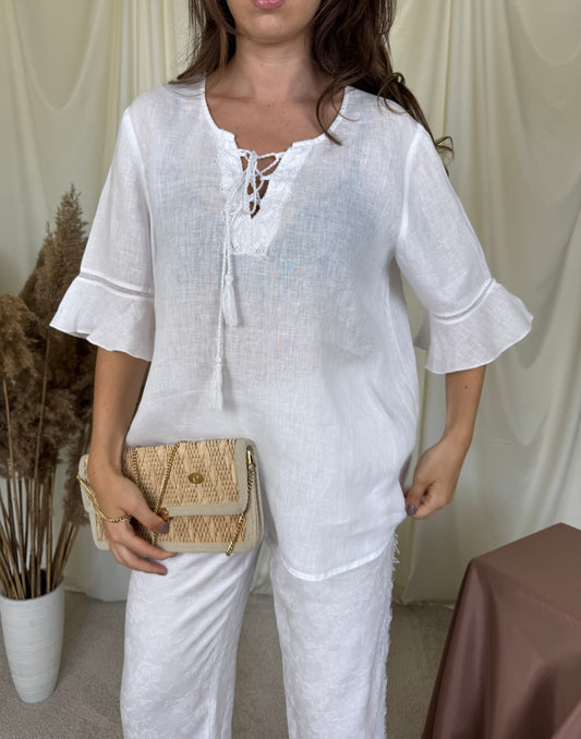 Cămașă Benetton din in cu broderie ( mărimea M/L)