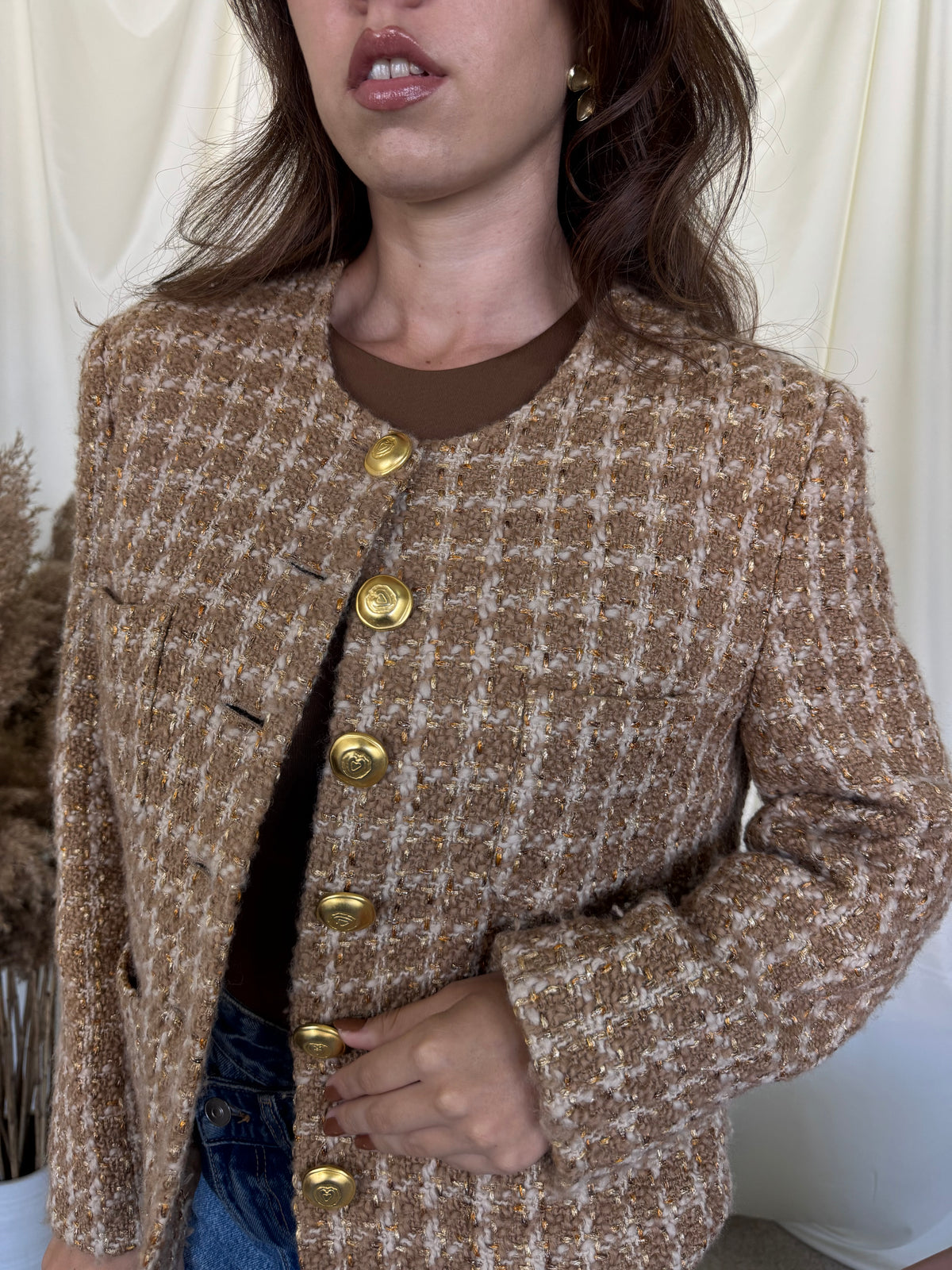 Sacou vintage tip jachetă din tweed de 76% lână, nasturi metalici tip bijuterie ( mărimea M/L)