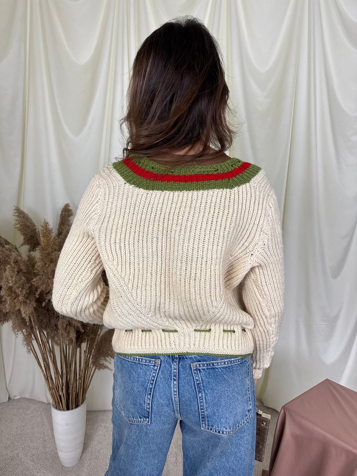 Cardigan vintage crem din 100% lână cu talie ajustabilă ( mărimea M/L - L)