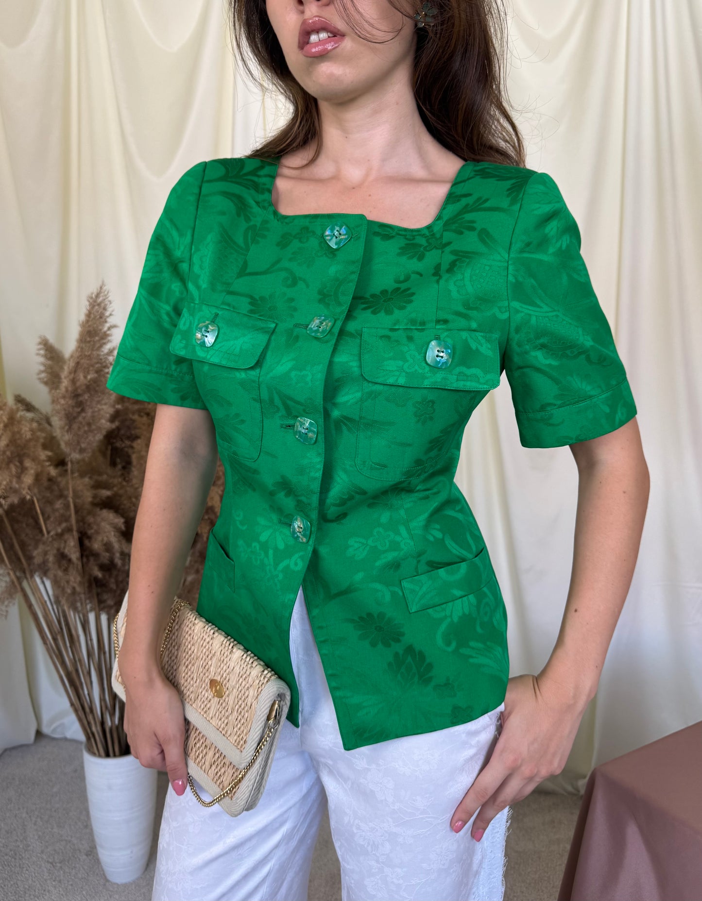 Sacou vintage superb din bumbac cu print verde( mărimea S)