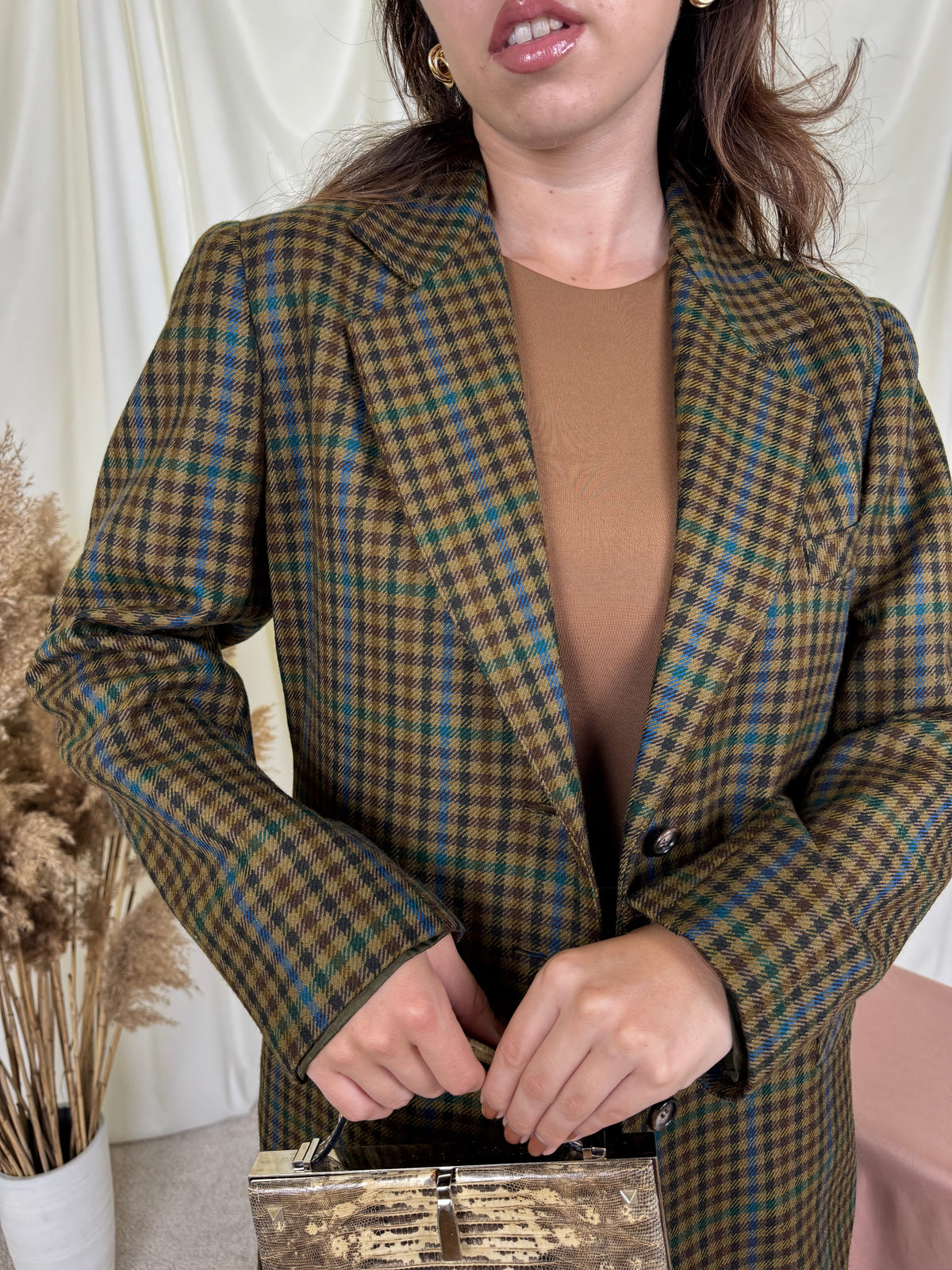 Sacou vintage din 100% lână fină în carouri verzi ( mărimea M)