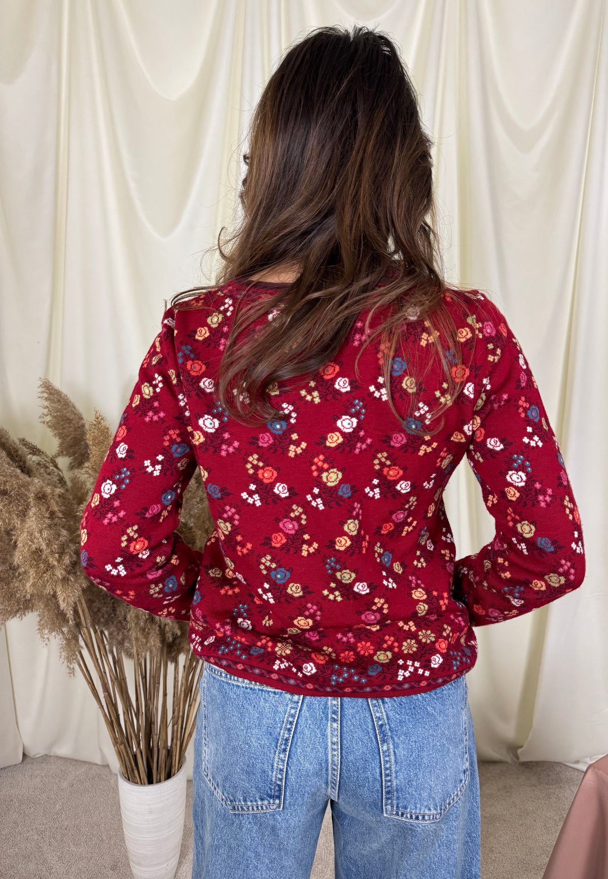 Pulover din lână moale și bumbac bio cu print floral, țesătură dublă ( mărimea S )