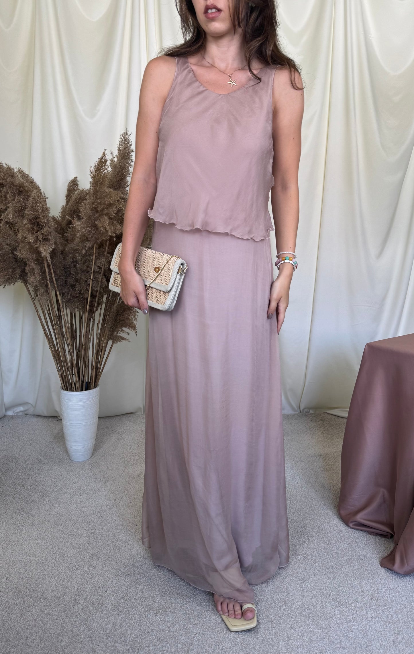 Rochie maxi de vară din voal 100% mătase naturală, croială fluidă și feminină(mărimea S-S/M)