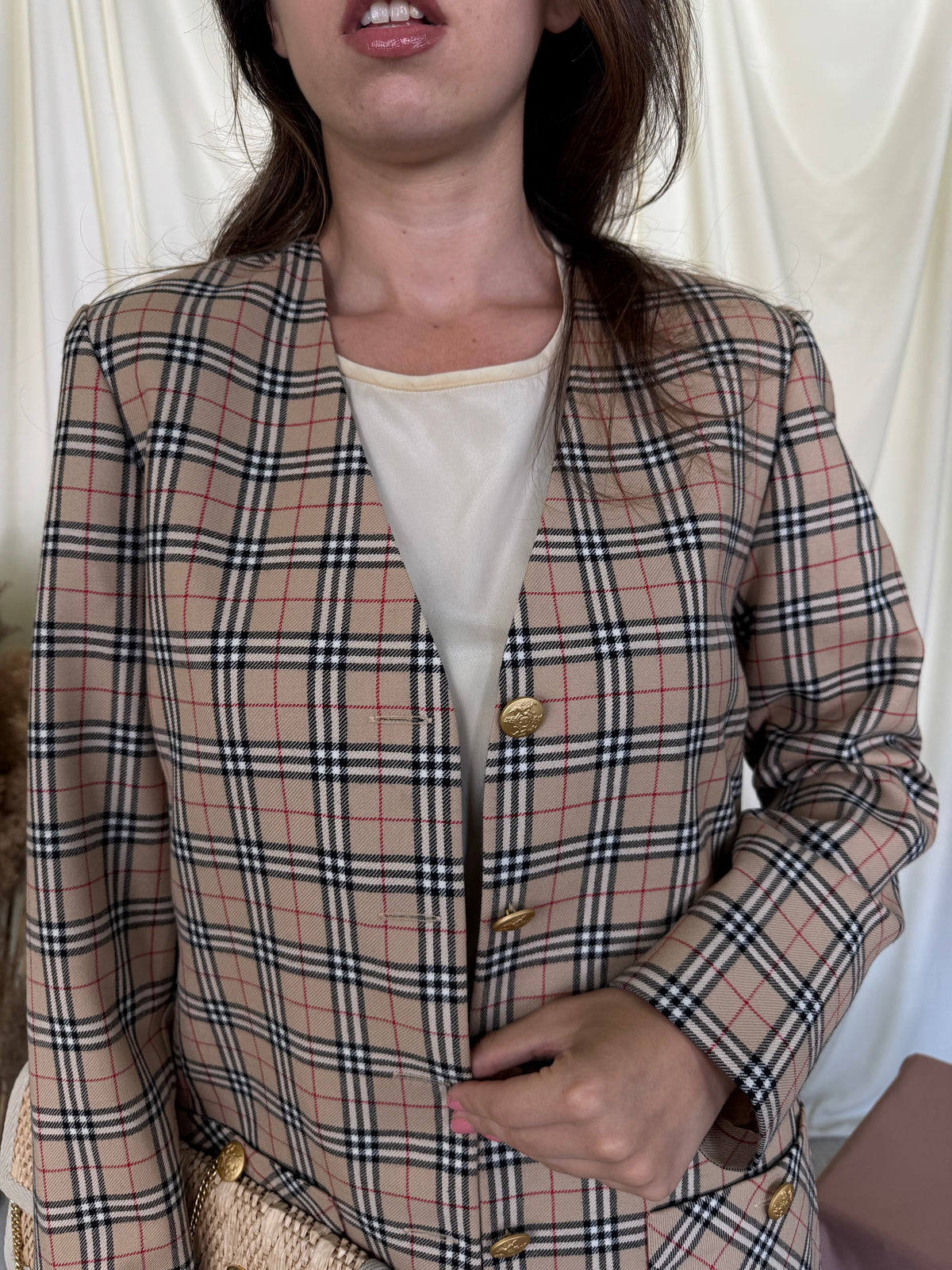Sacou vintage cu print din 100% lână, nasturi metalici aurii ( mărimea M/40)