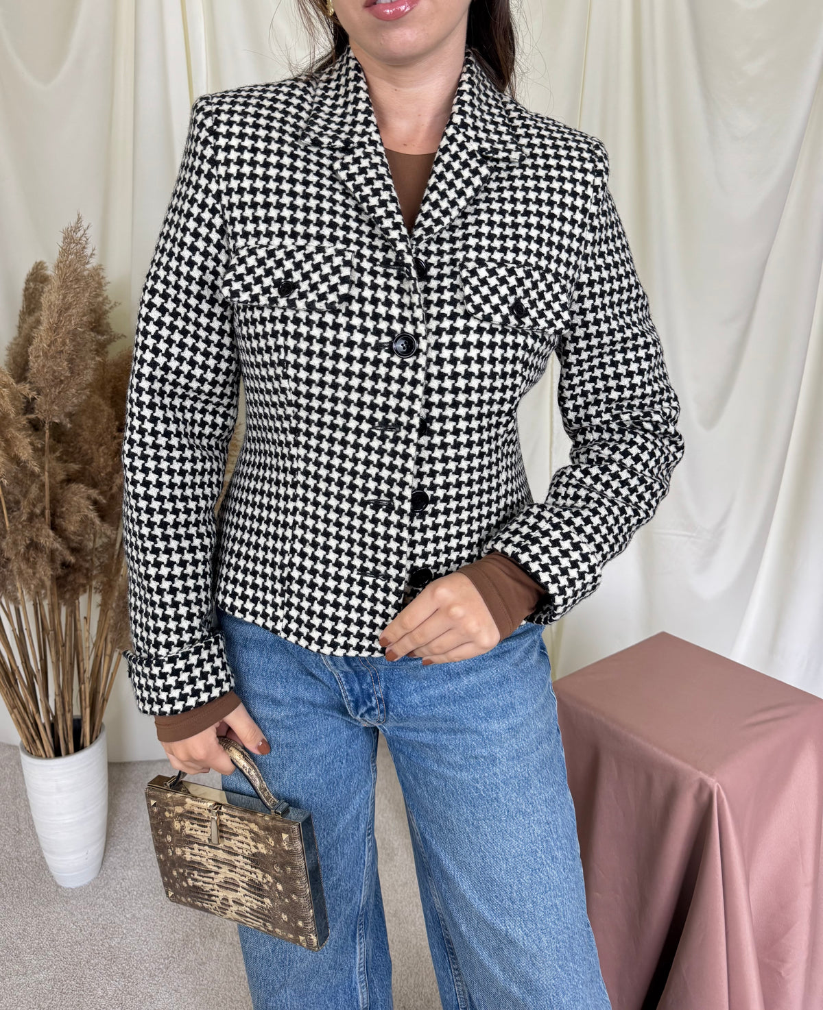 Jacheta vintage din 100% lână cu print pepit, lungime crop ( mărimea S-S/M )