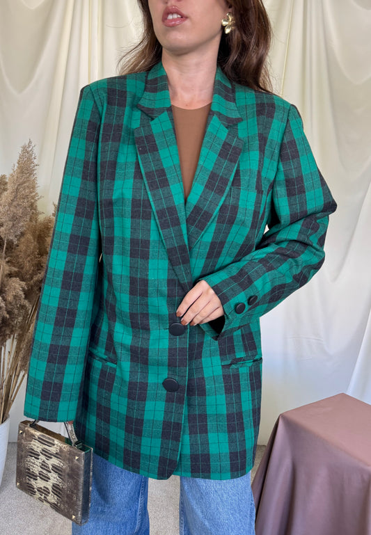 Sacou vintage din 100% lână cu print verde tartan, mai lung( mărimea L/XL)