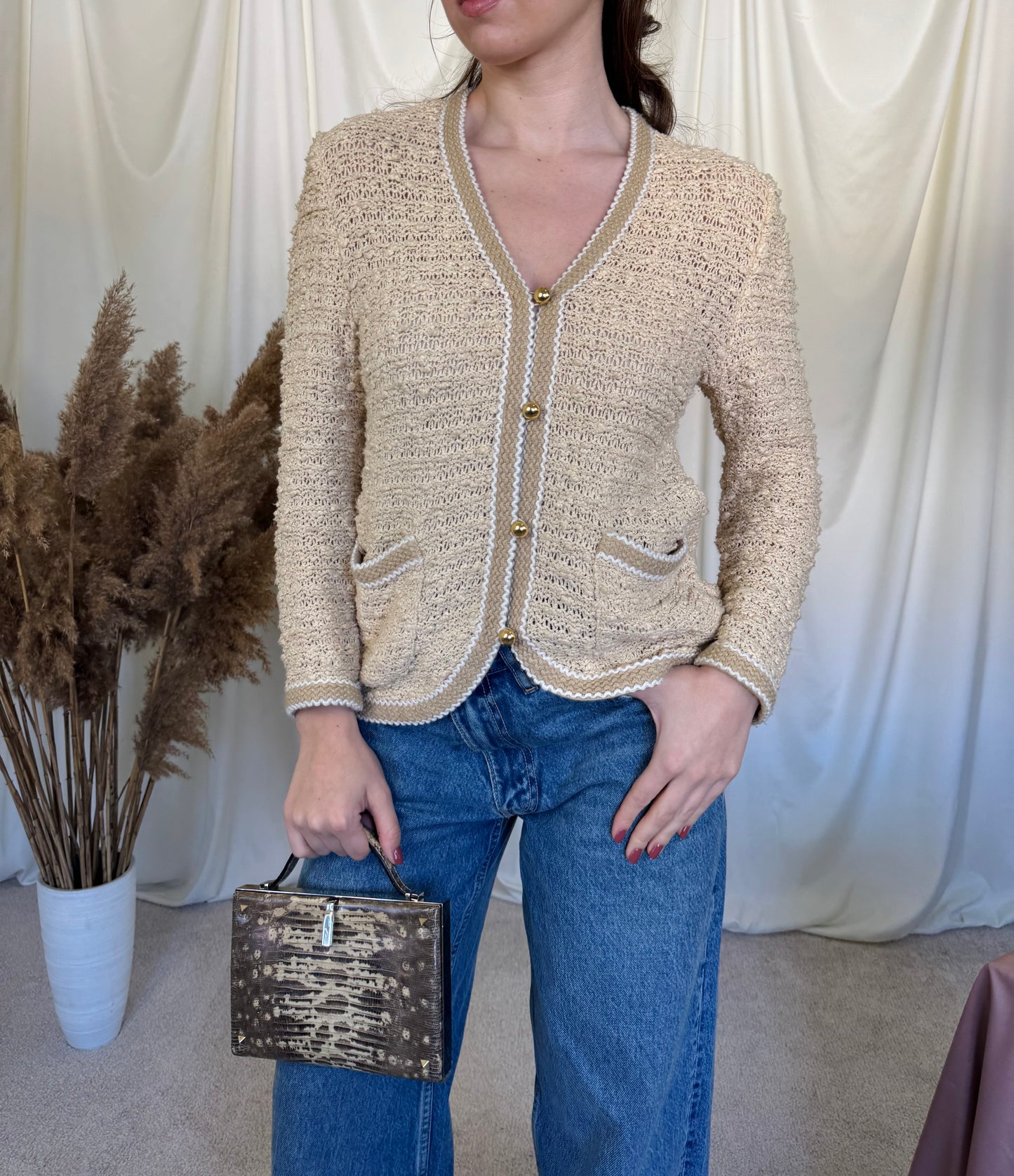 Cardigan superb vintage din bumbac și lână (mărimea S) stil chanel