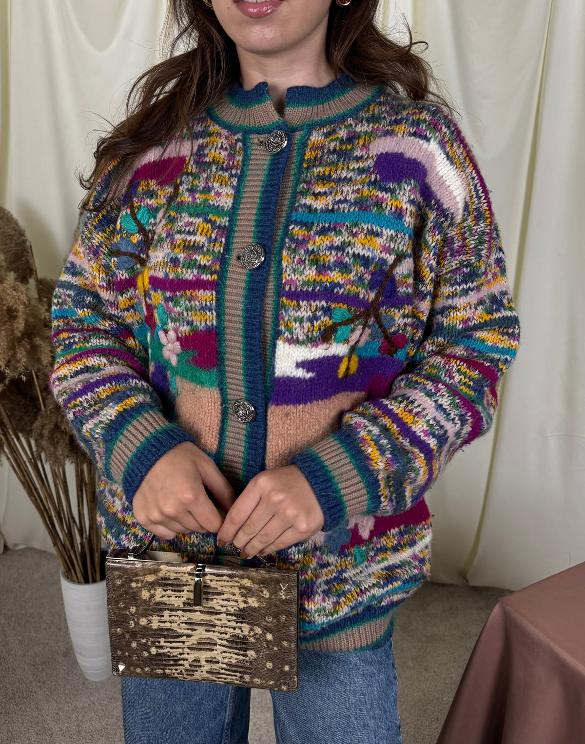 Jerse vintage supradimensionat cu print vesel, lucrat manual, 50% lână ( mărimea M-XL)