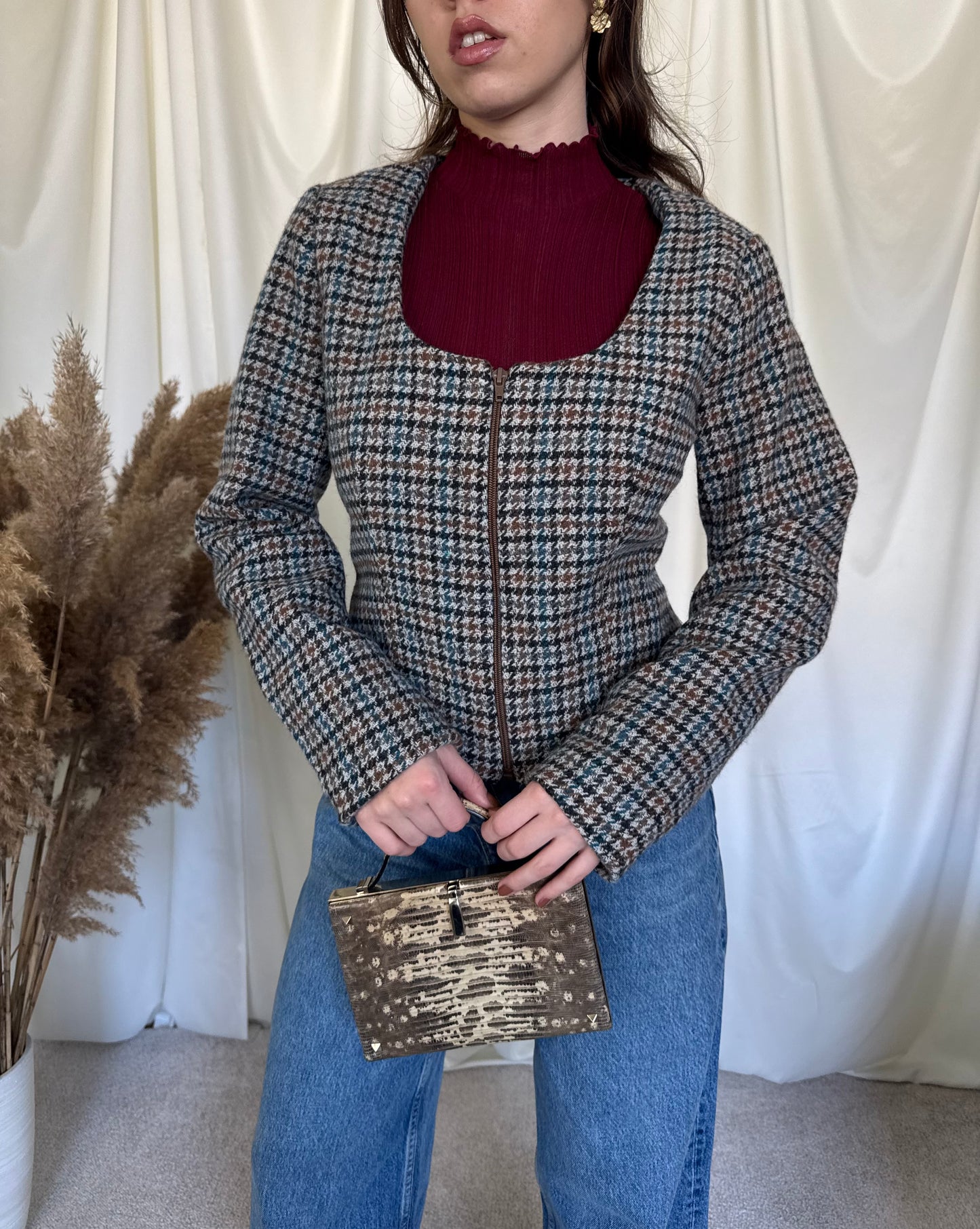 Sacou vintage- jacheta din stofă moale, închidere cu fermoar ( M/L)