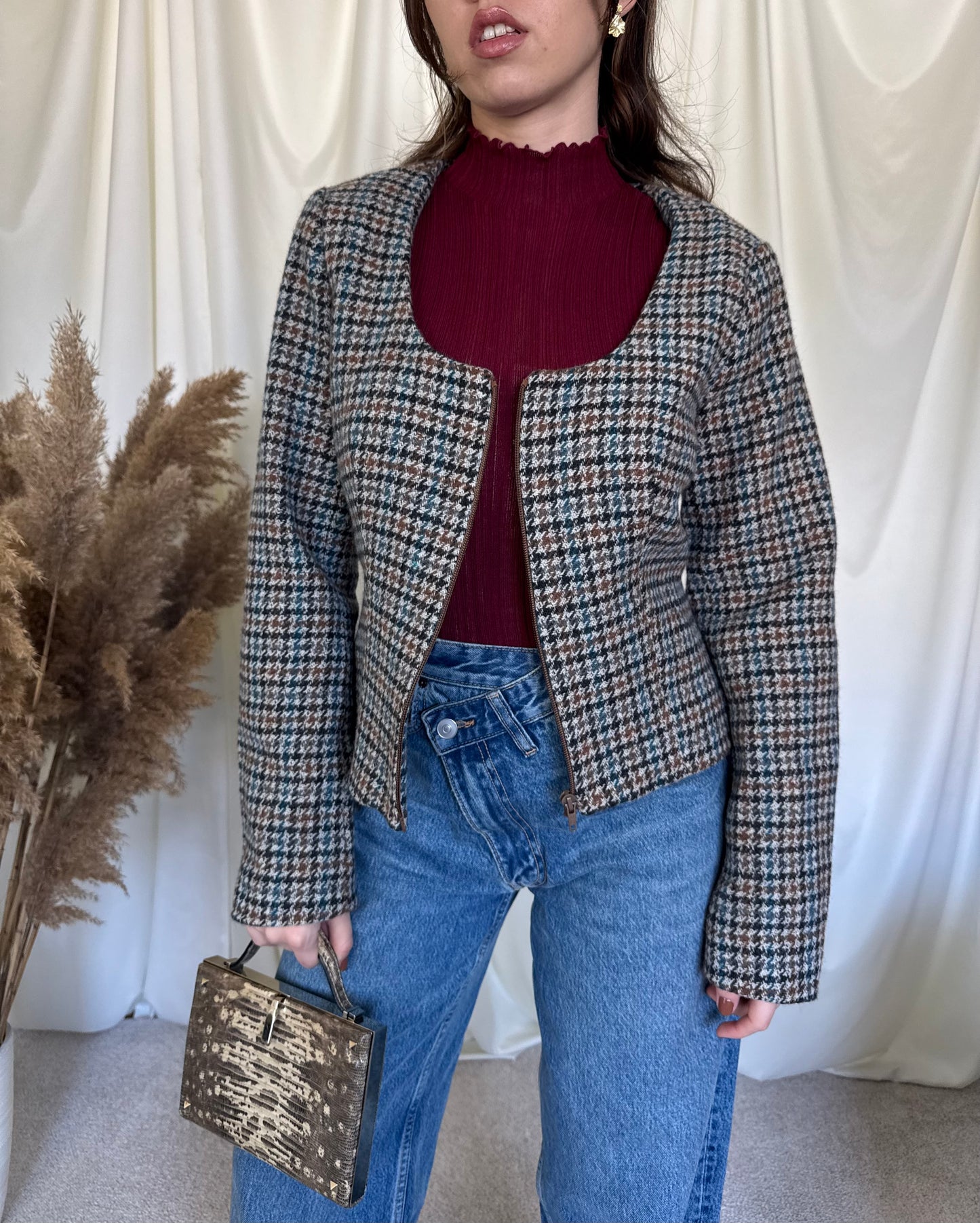 Sacou vintage- jacheta din stofă moale, închidere cu fermoar ( M/L)